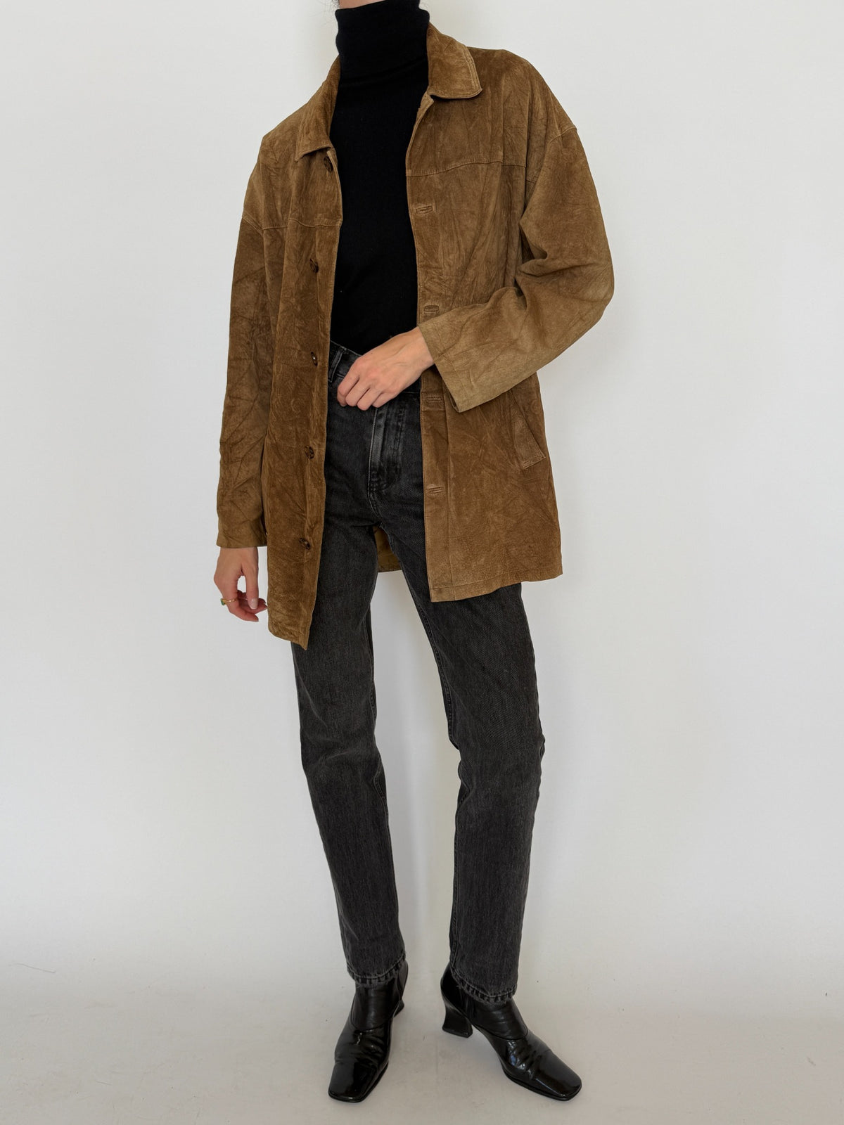 Vintage brown suede leather shirt jacket, front back and detail