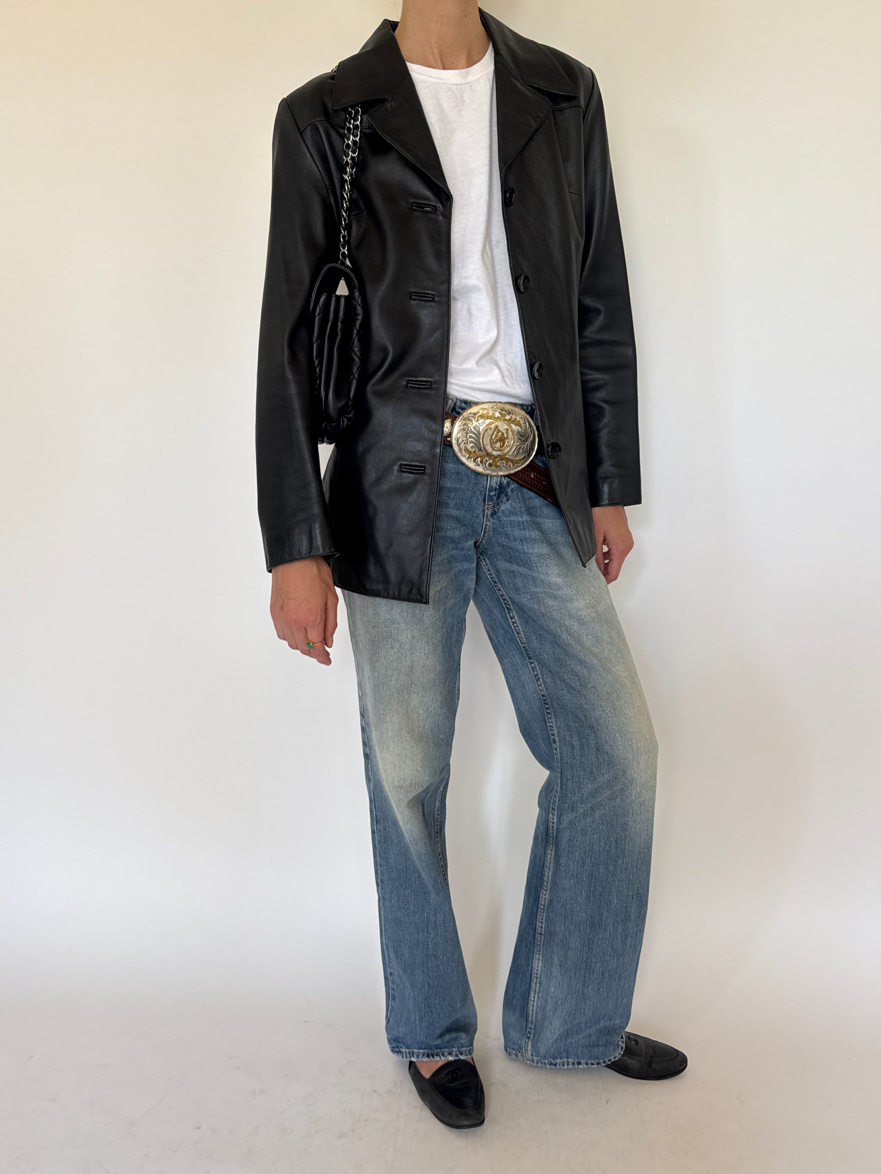 Vintage black leather blazer front view