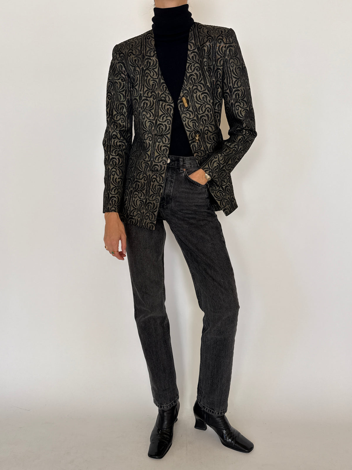 Vintage Metallic Jacquard Blazer Black Gold 7618