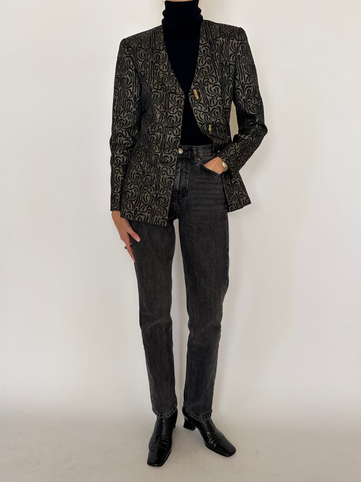 Vintage Metallic Jacquard Blazer Black Gold 7618