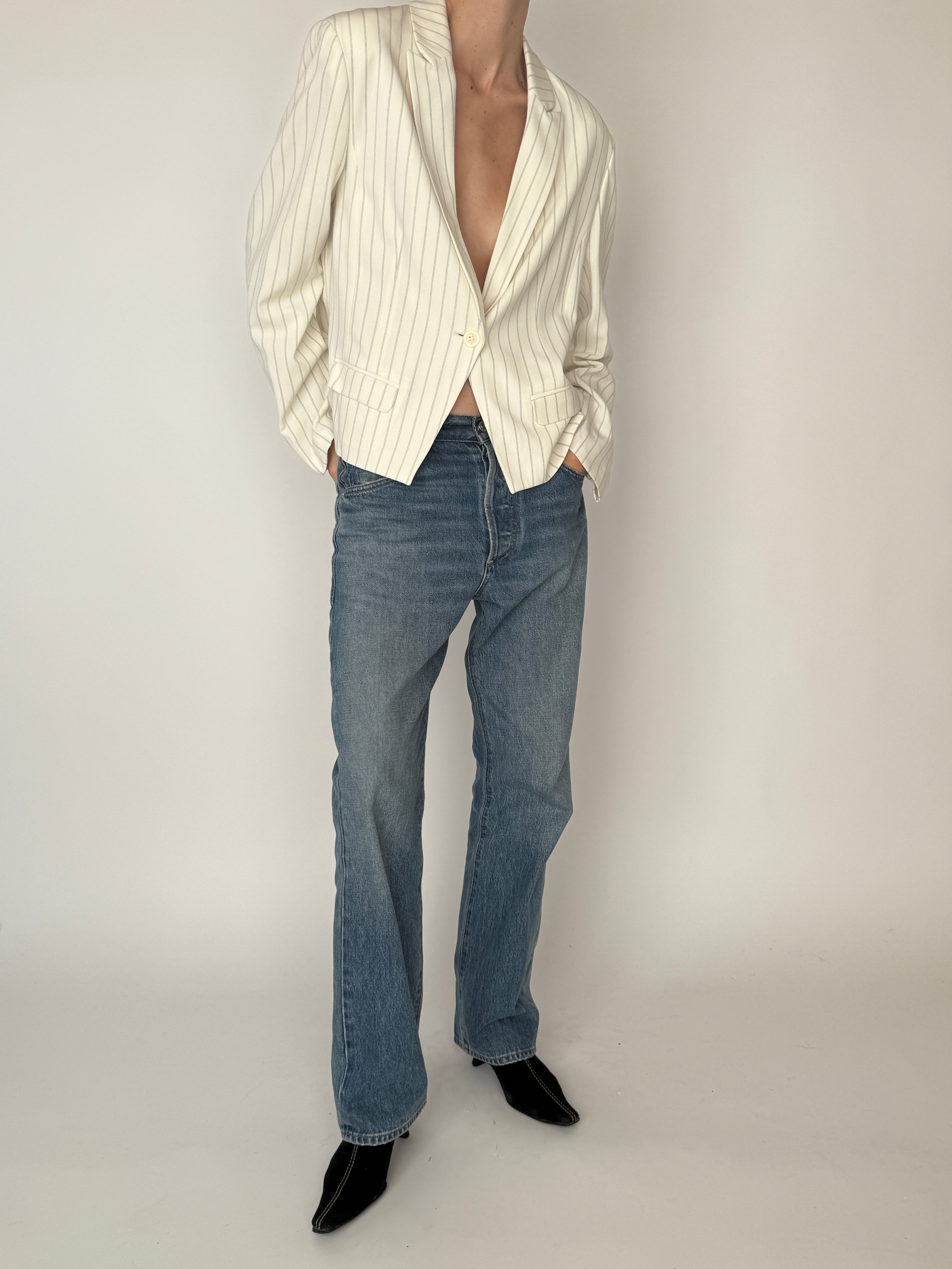 Vintage white pinstripe cropped blazer front view styled