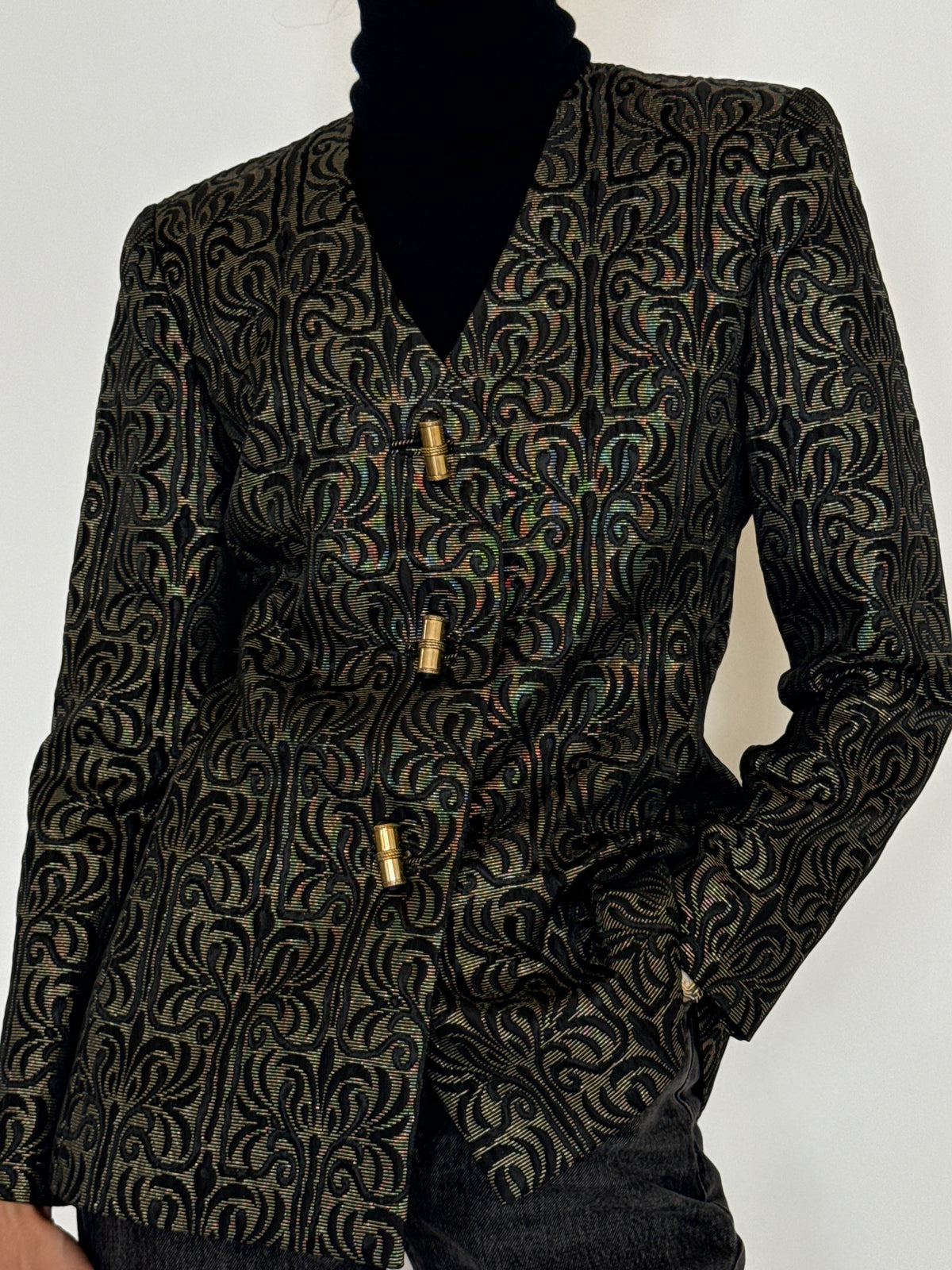 Vintage Metallic Jacquard Blazer Black Gold 7618