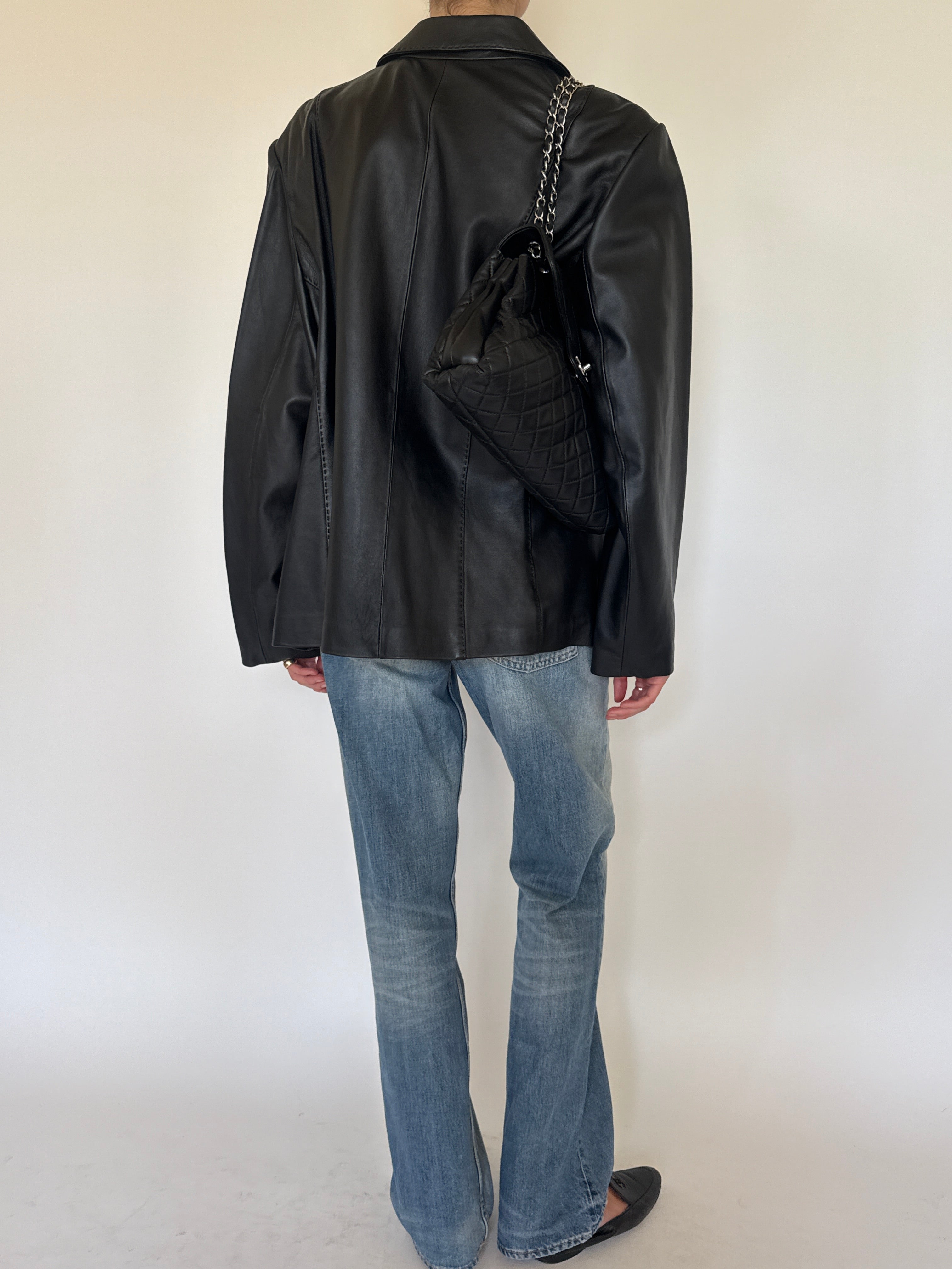 Vintage topstitched leather blazer black back view