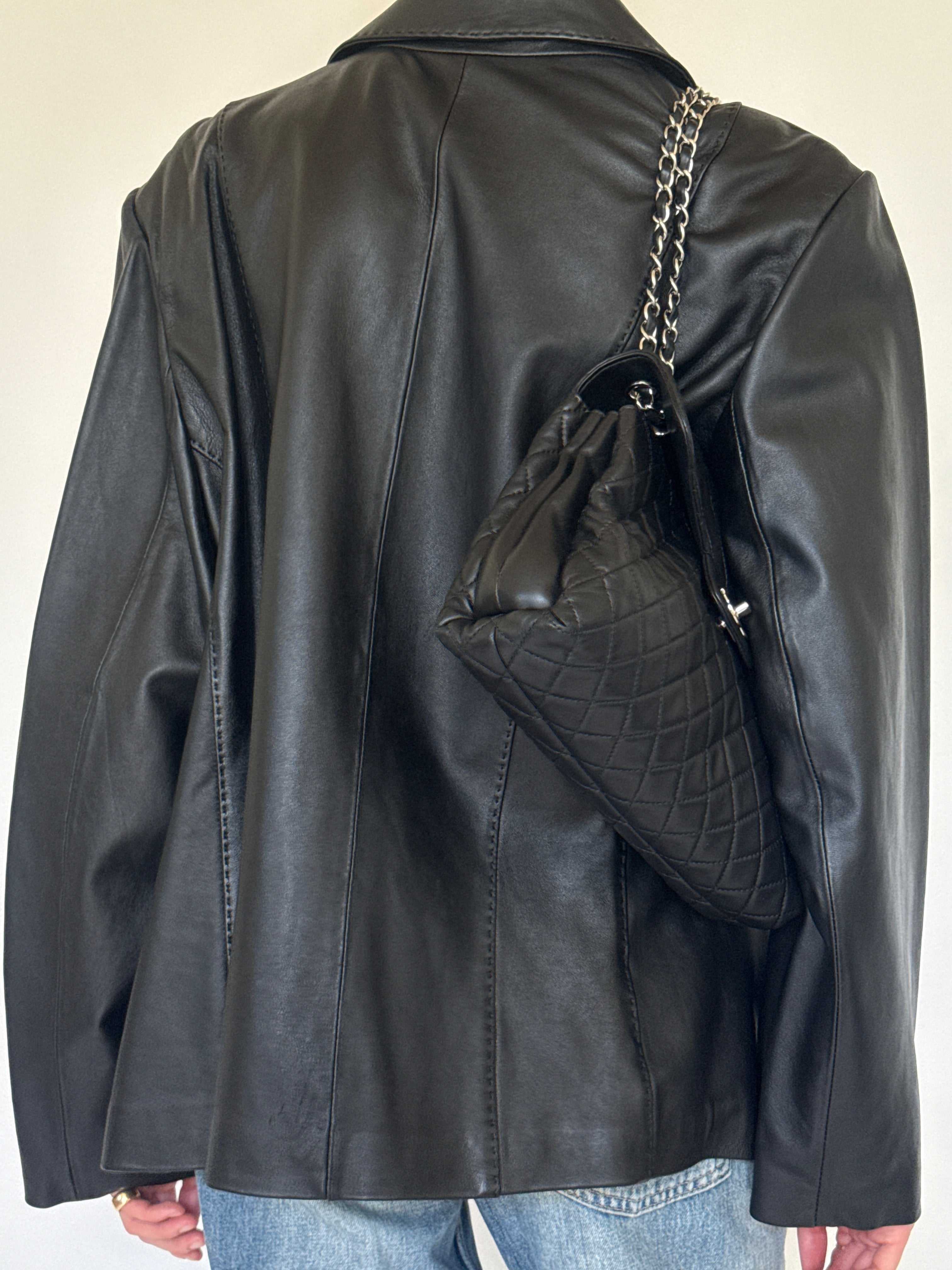 Vintage topstitched leather blazer black back view