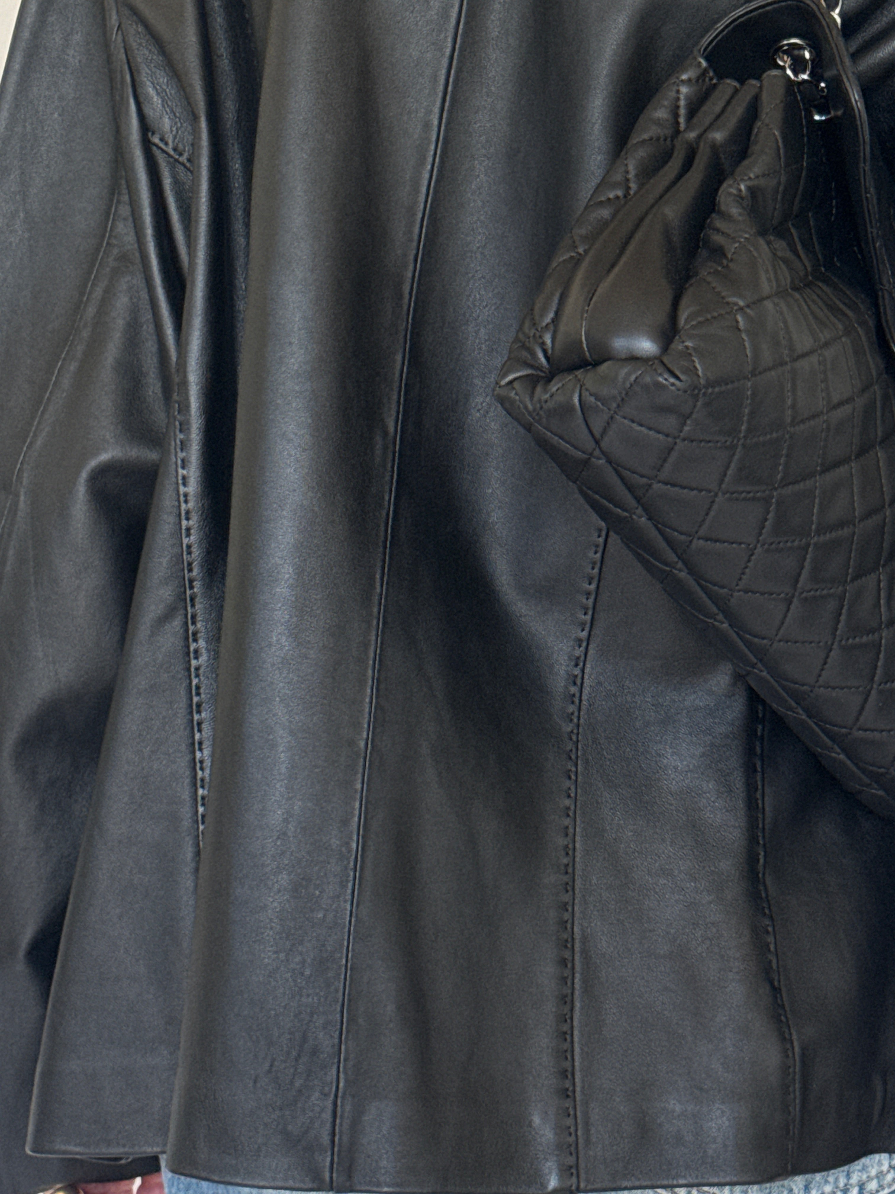 Vintage topstitched leather blazer black back view