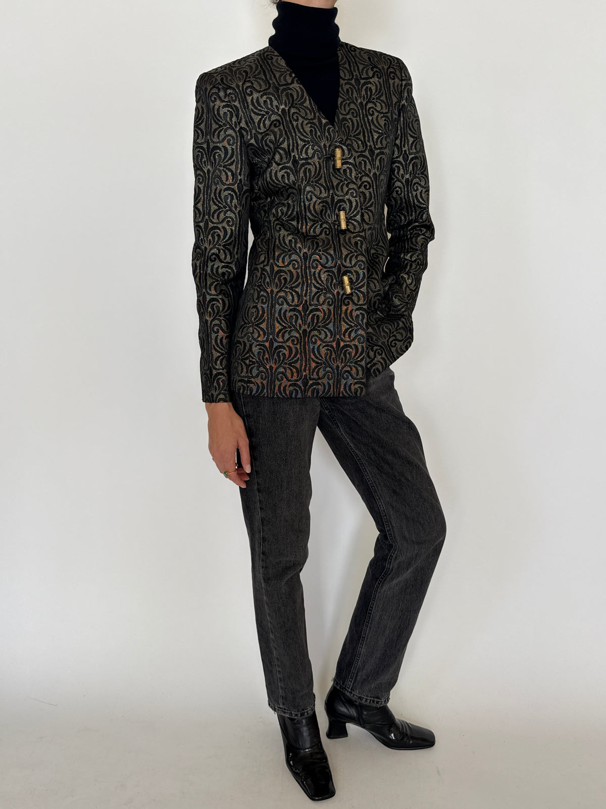 Vintage Metallic Jacquard Blazer Black Gold 7618