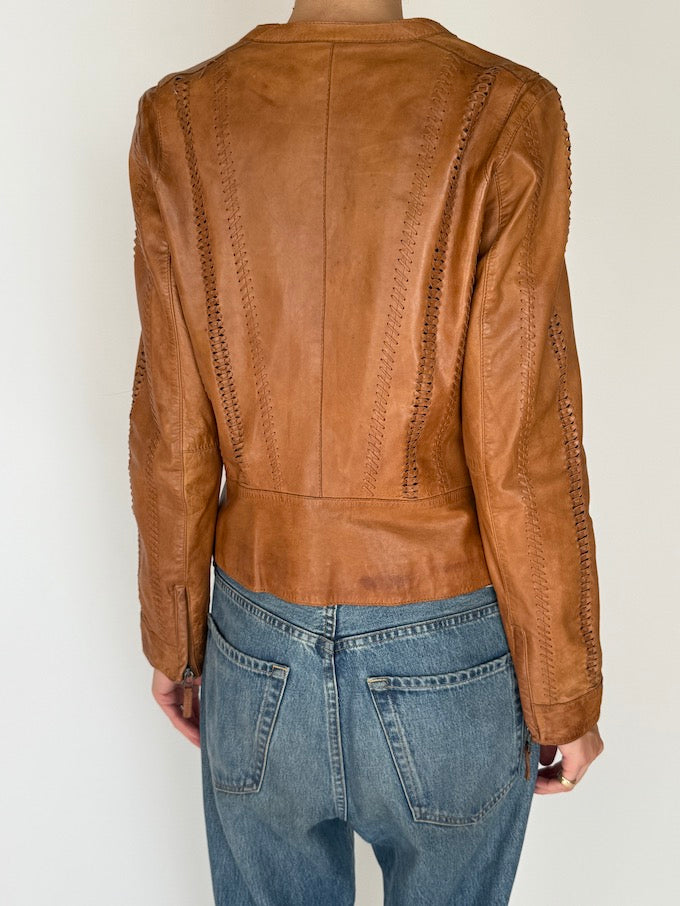 Vintage Leather Jacket with Stitch Detailing Camel 6061