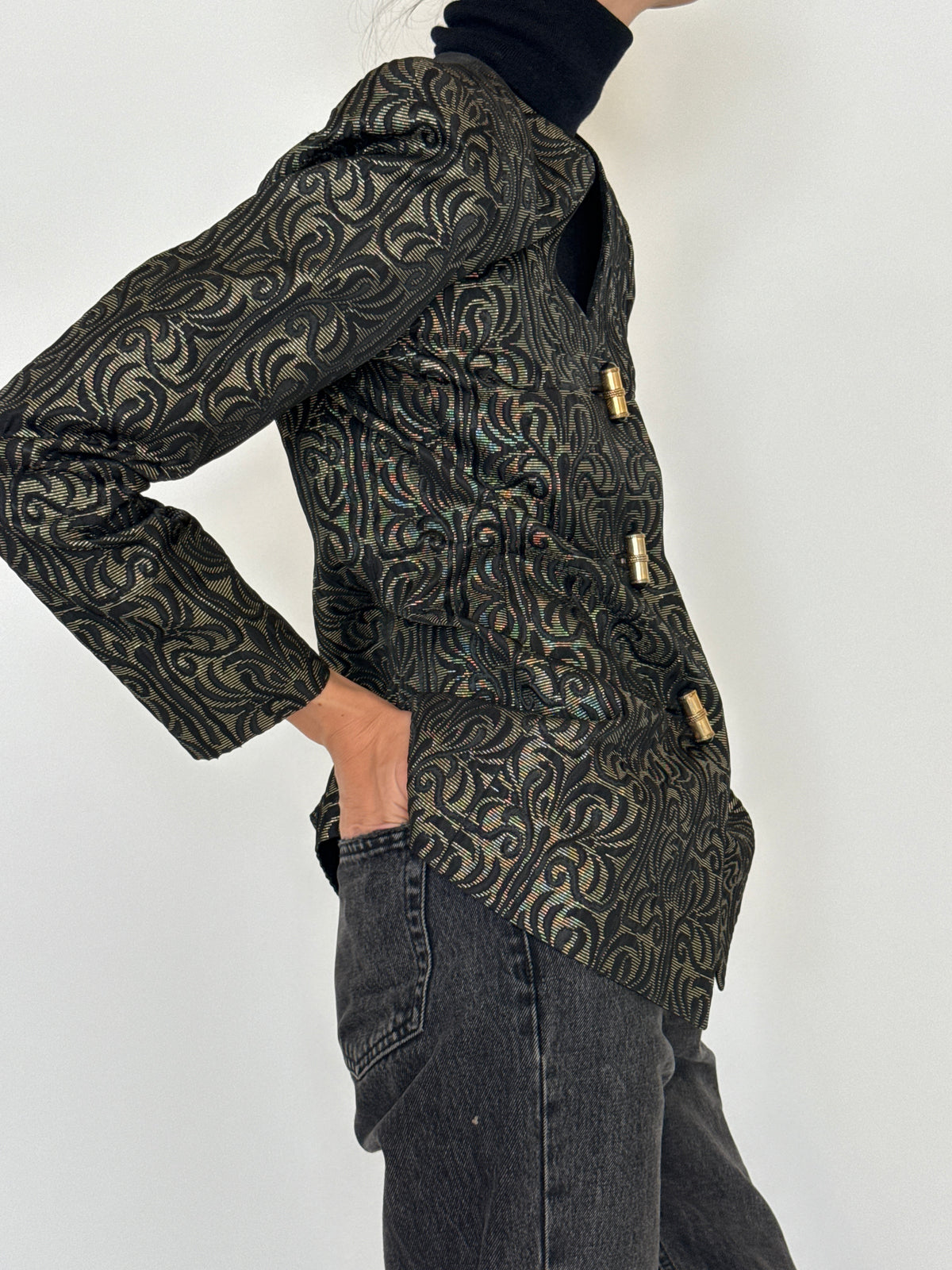 Vintage Metallic Jacquard Blazer Black Gold 7618