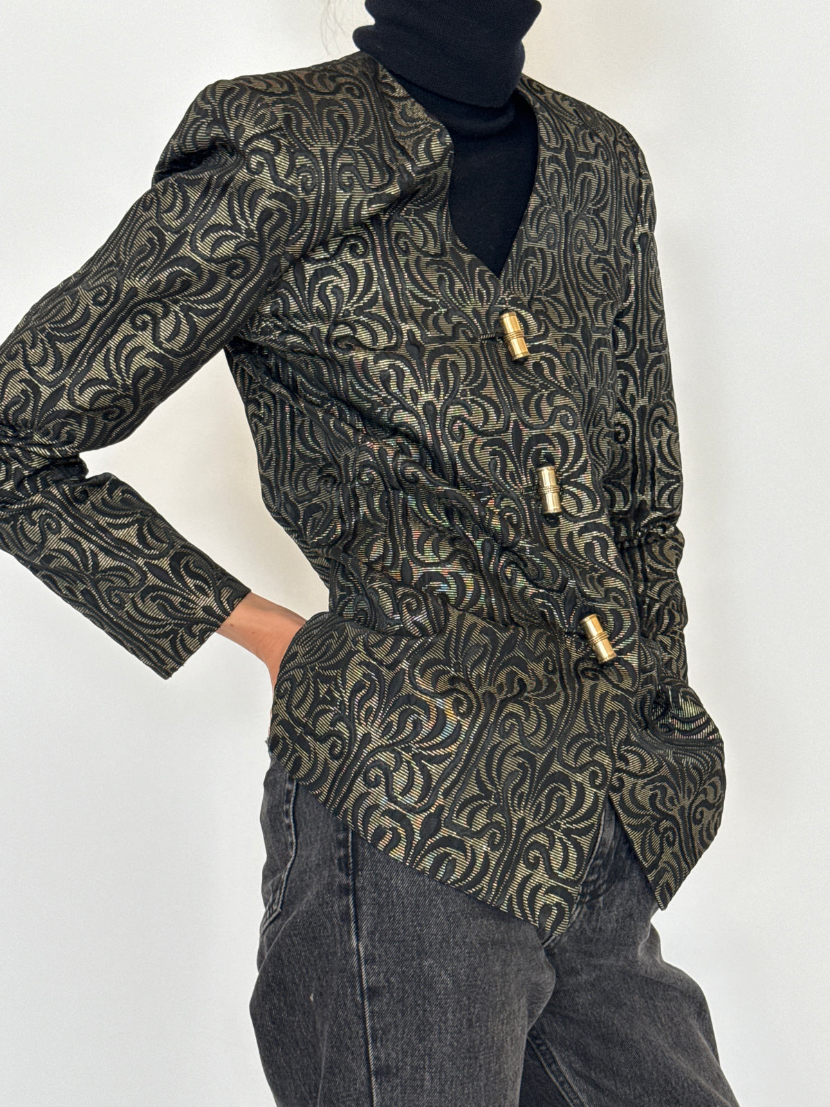 Vintage Metallic Jacquard Blazer Black Gold 7618