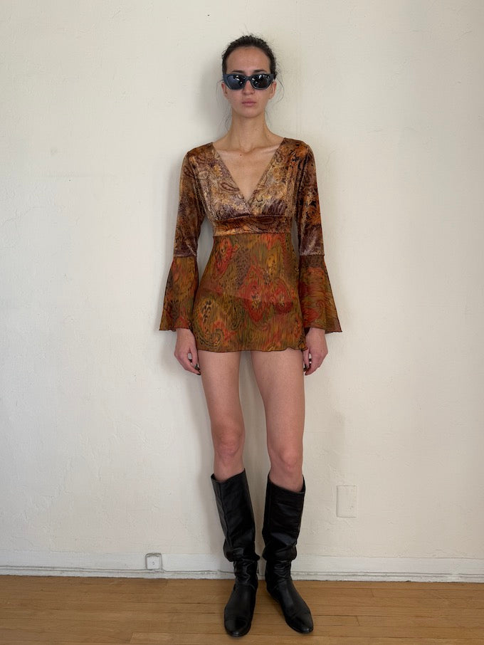 Vintage mini dress/top in earth-toned abstract print