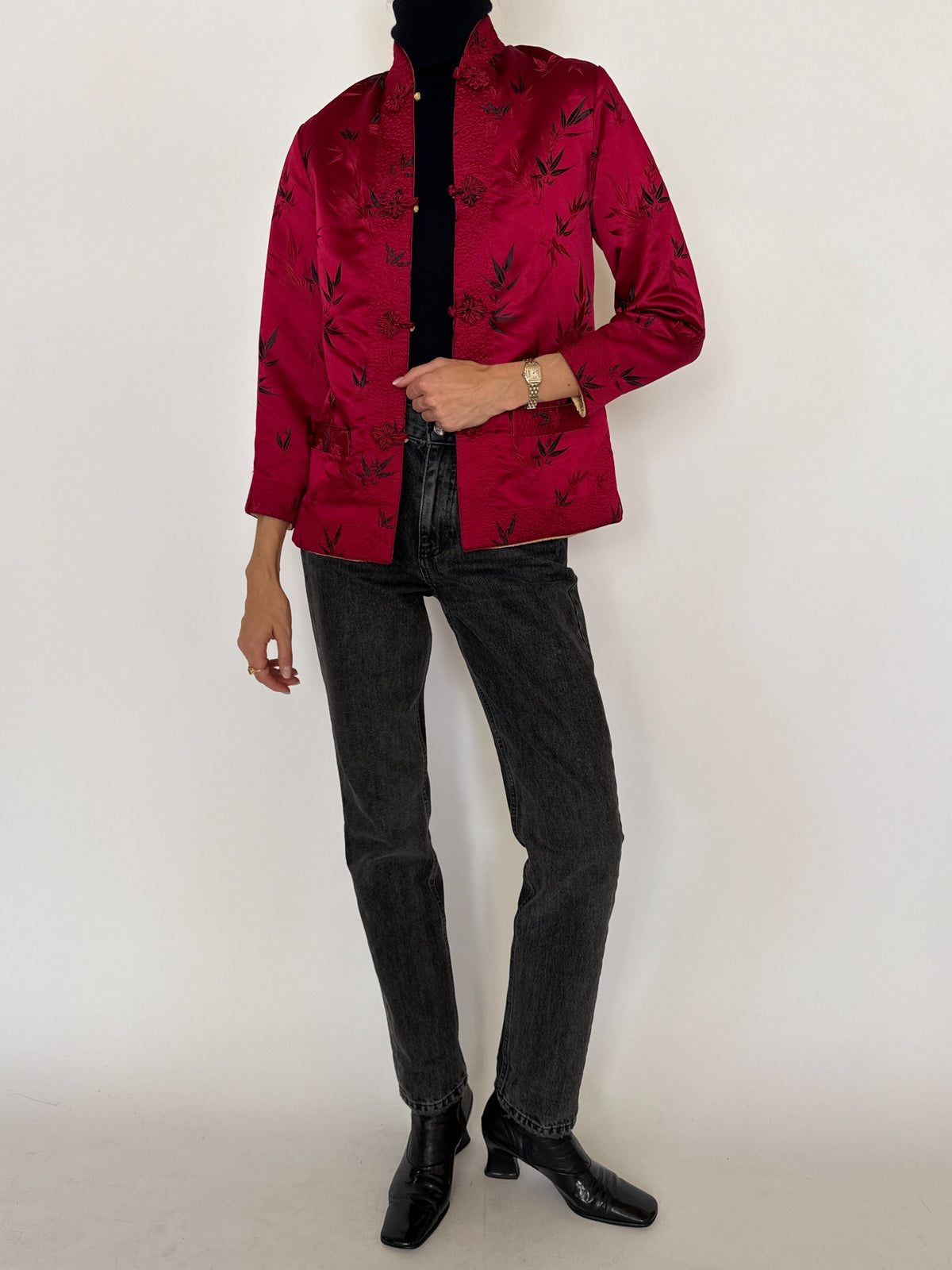 Vintage Reversible Ruby Red & Champagne Gold Brocade Jacket 8420