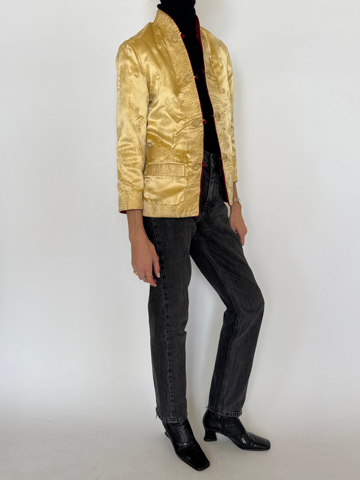 Vintage Reversible Ruby Red & Champagne Gold Brocade Jacket 8420