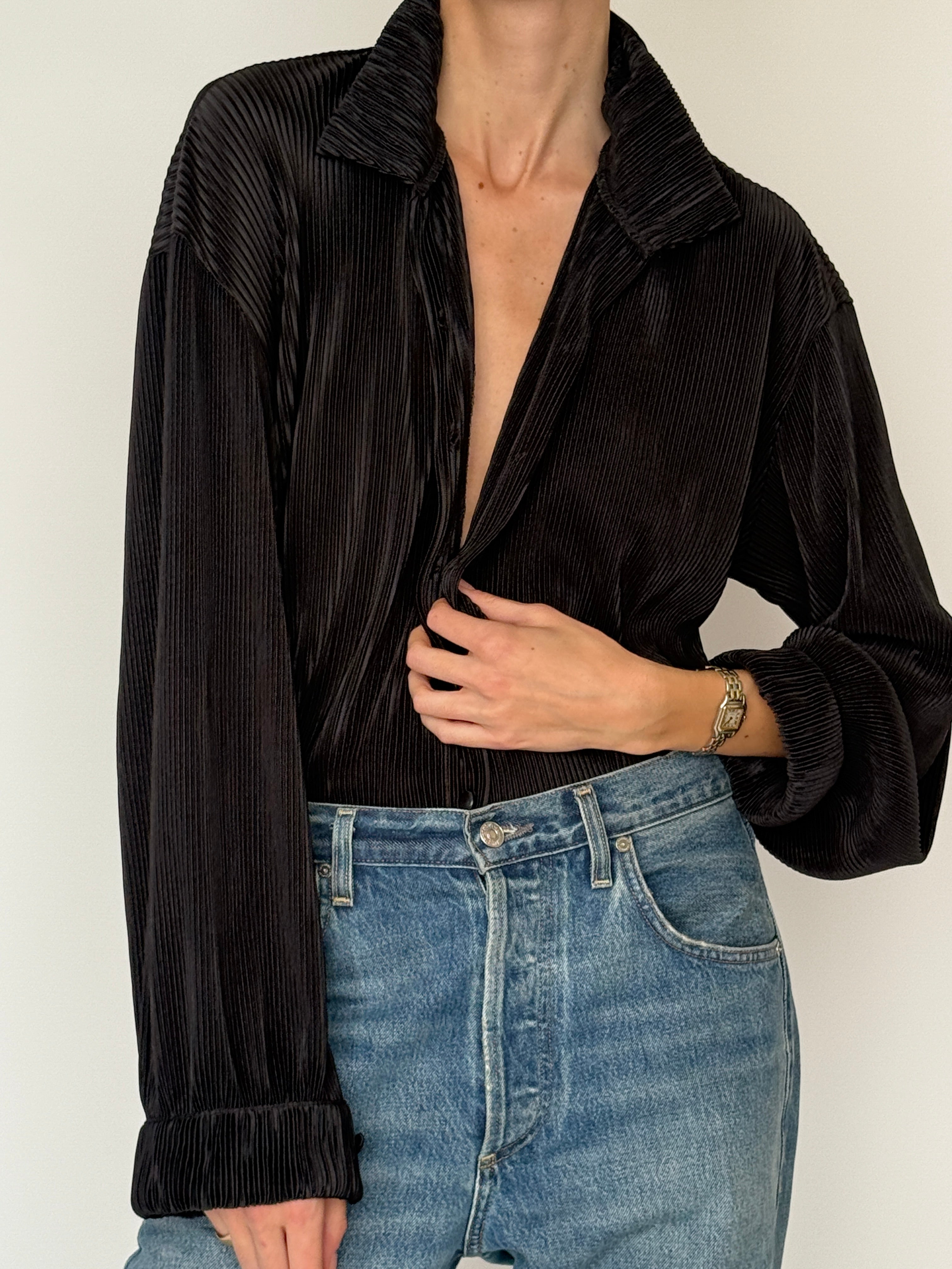 Vintage oversized black pleated blouse front view