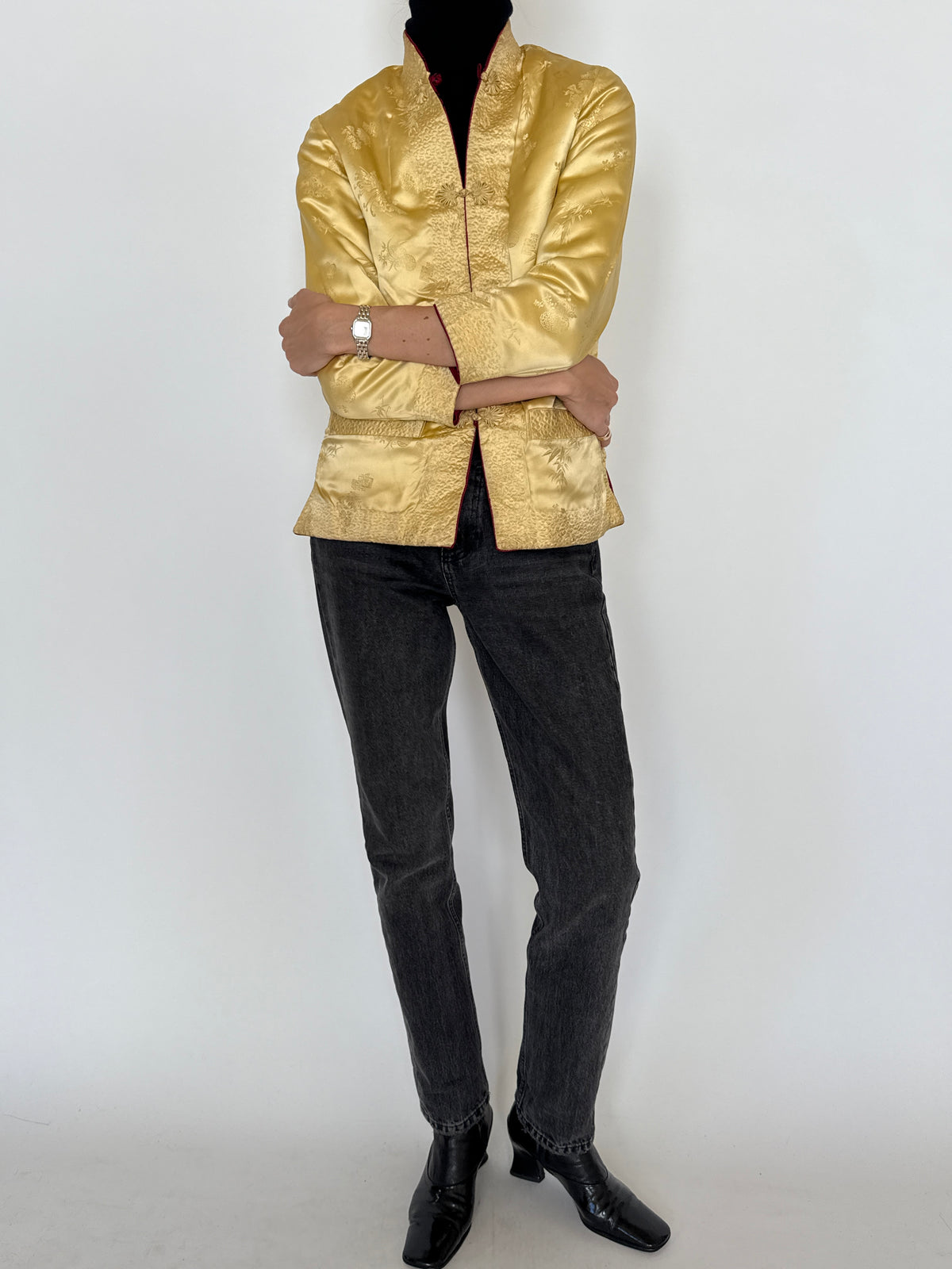Vintage Reversible Ruby Red & Champagne Gold Brocade Jacket 8420