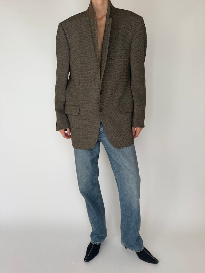 Vintage Wool-Blend Textured Blazer in Charcoal Brown 6160