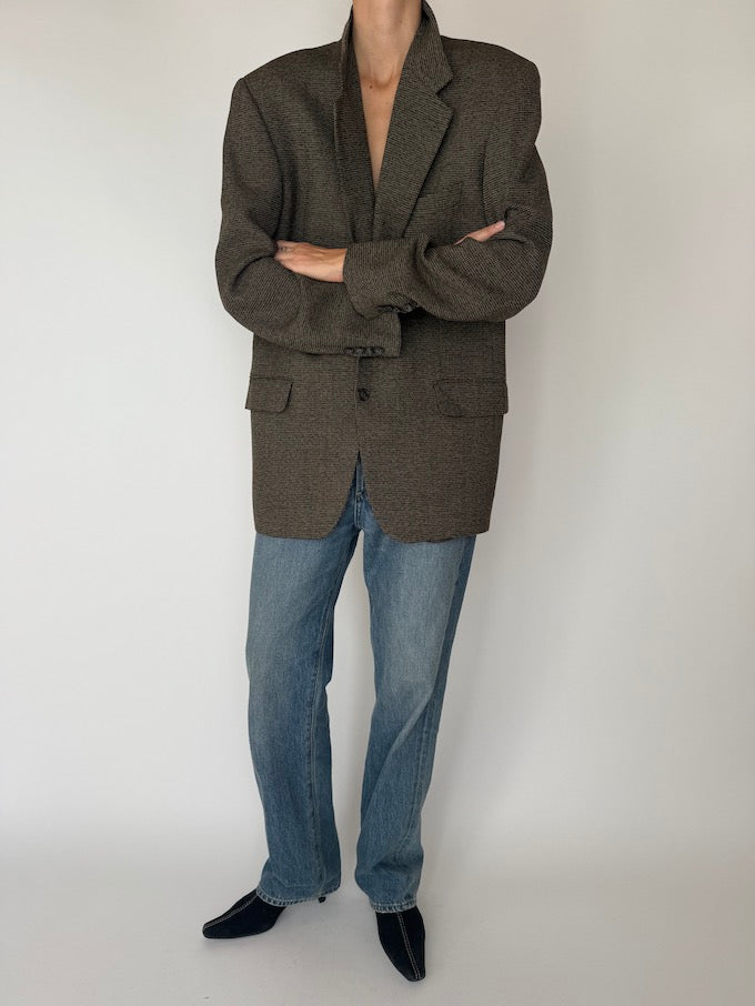 Vintage Wool-Blend Textured Blazer in Charcoal Brown 6160
