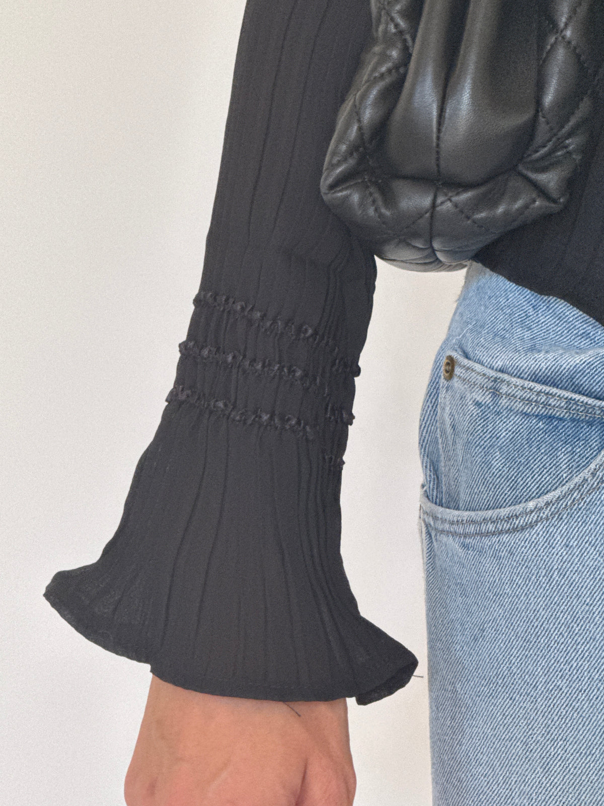 Vintage black blouse ruffle trim detail