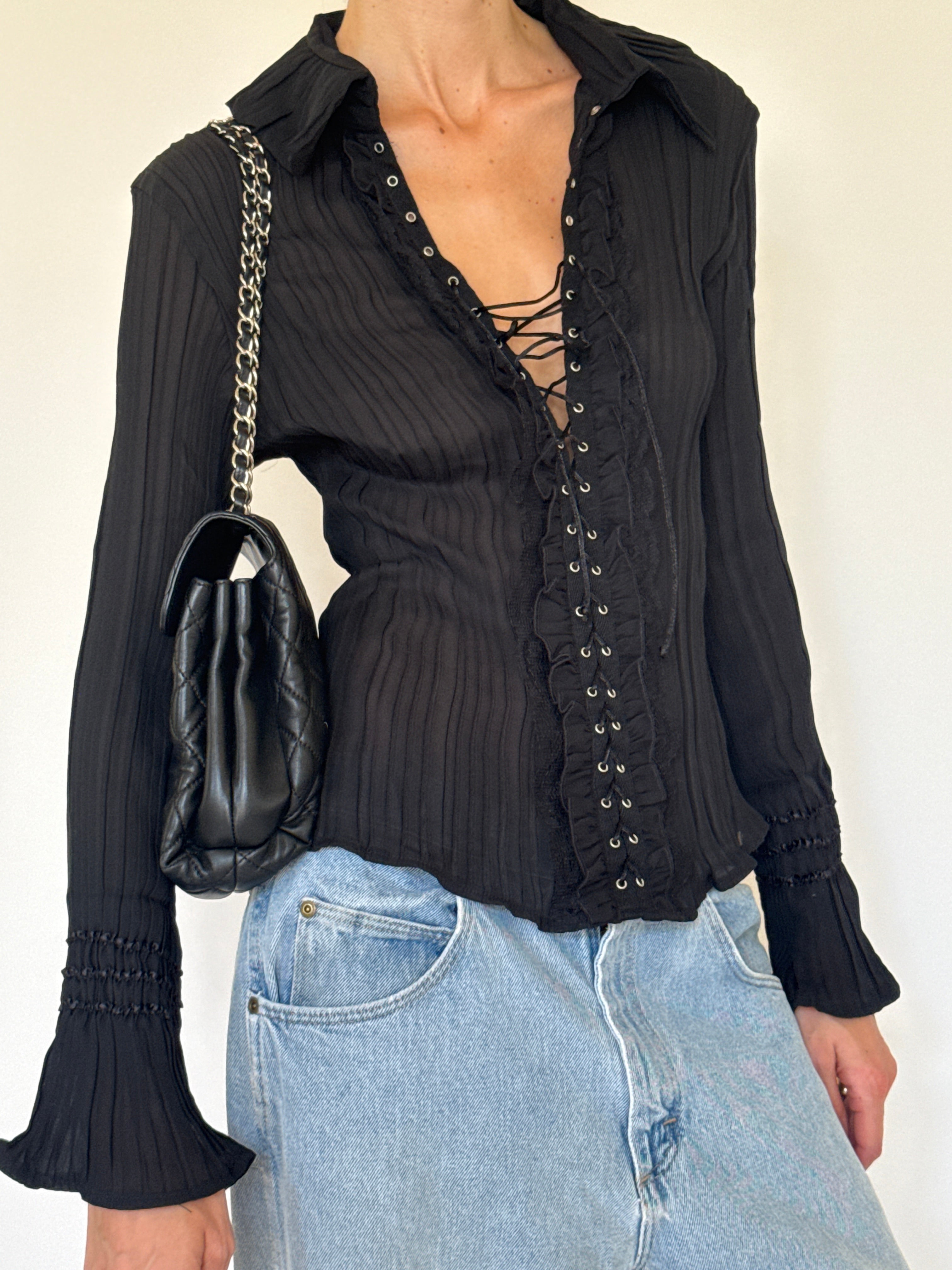 Vintage black lace-up blouse side view