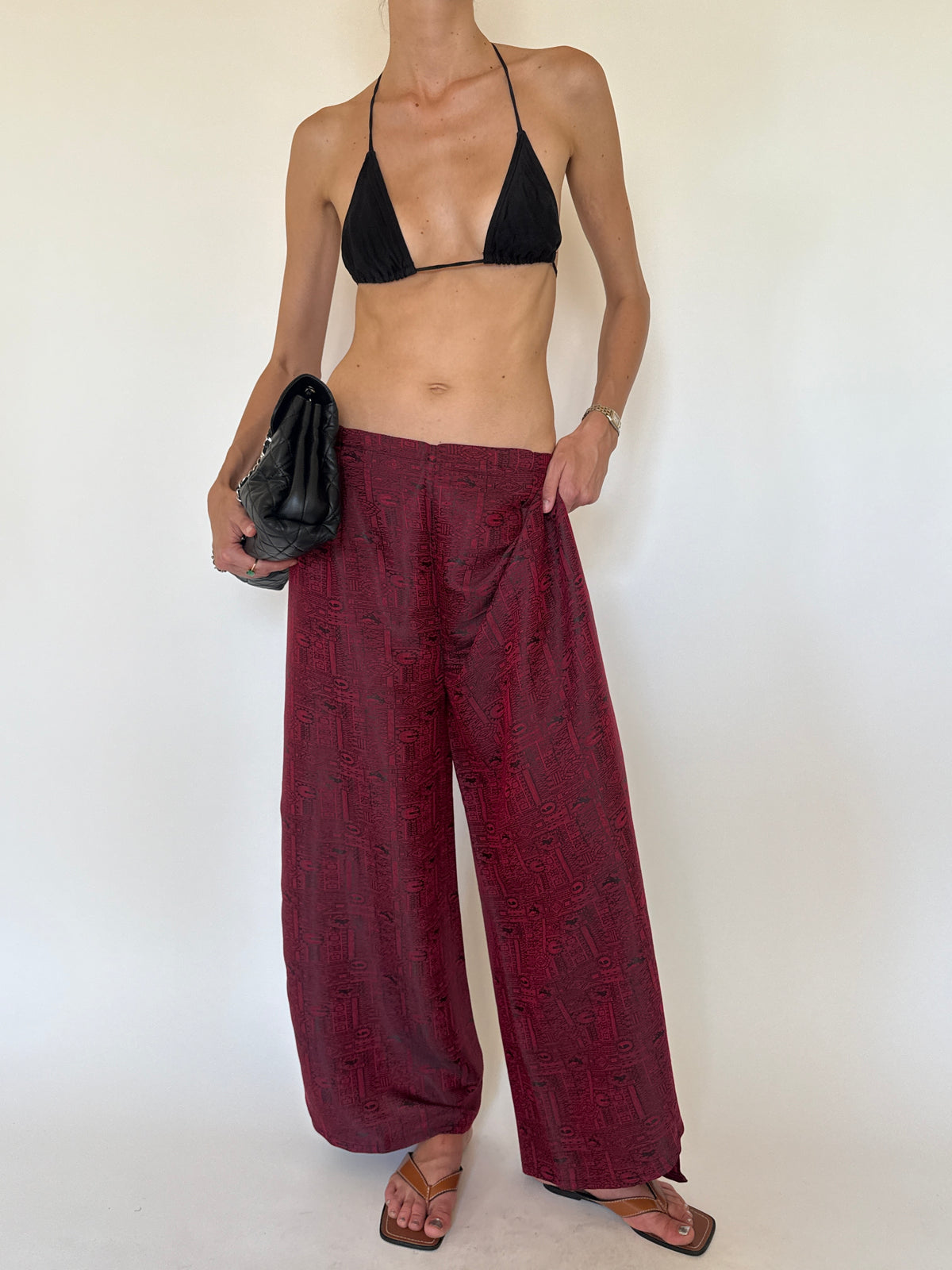 Vintage burgundy printed pants front view