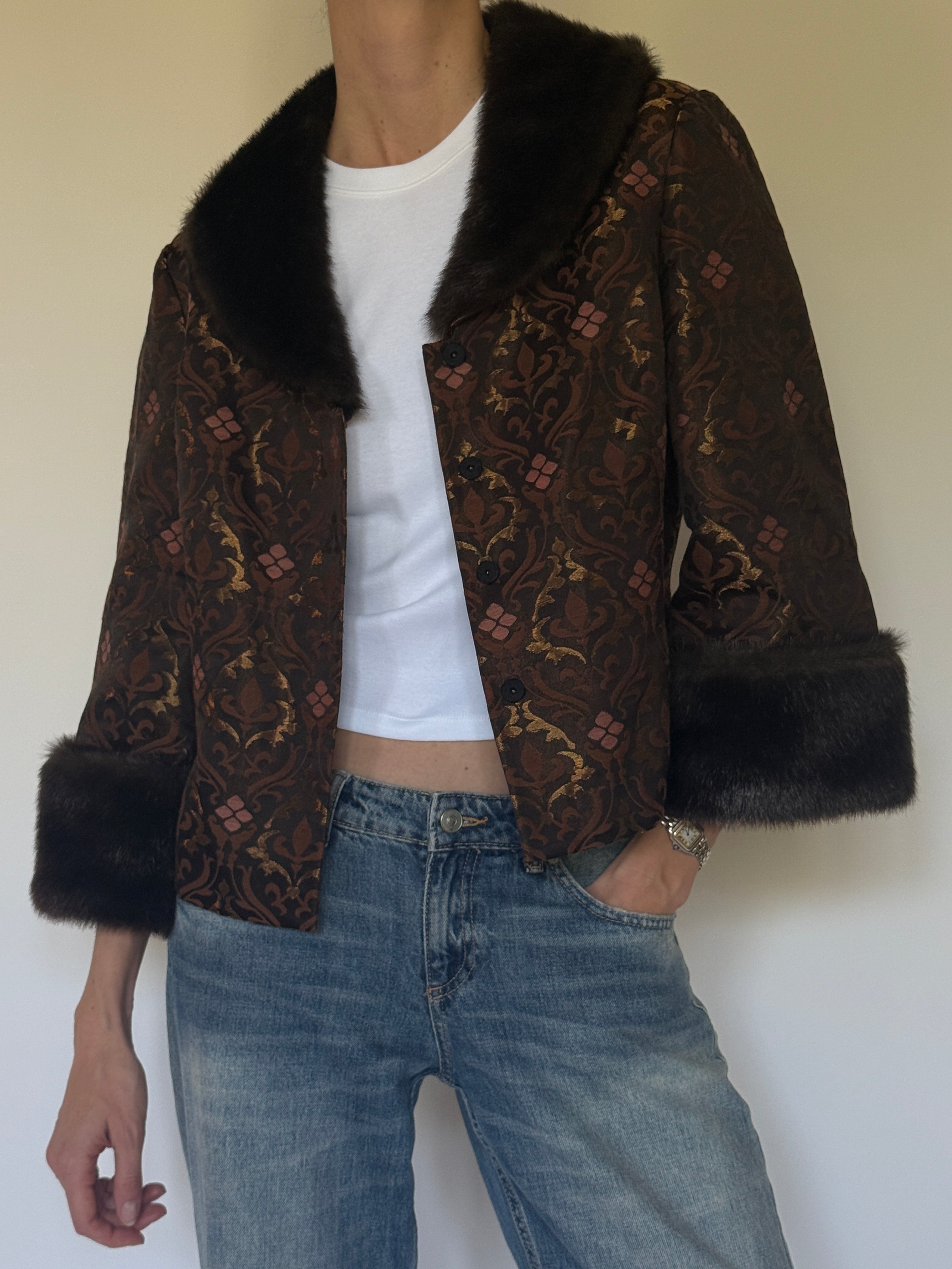 Vintage brown brocade fur trim jacket front view