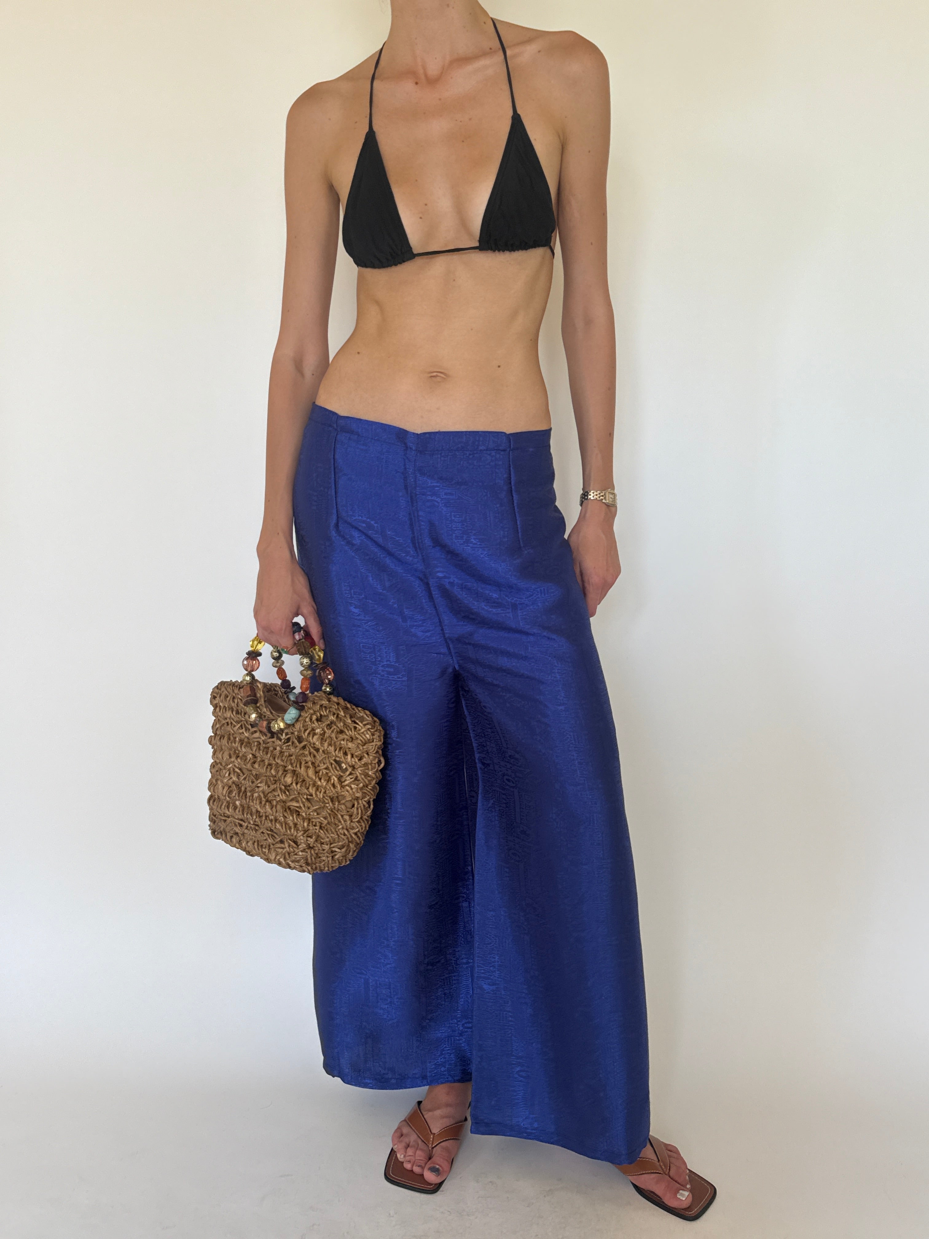 Vintage cobalt blue jacquard wide-leg trousers front view