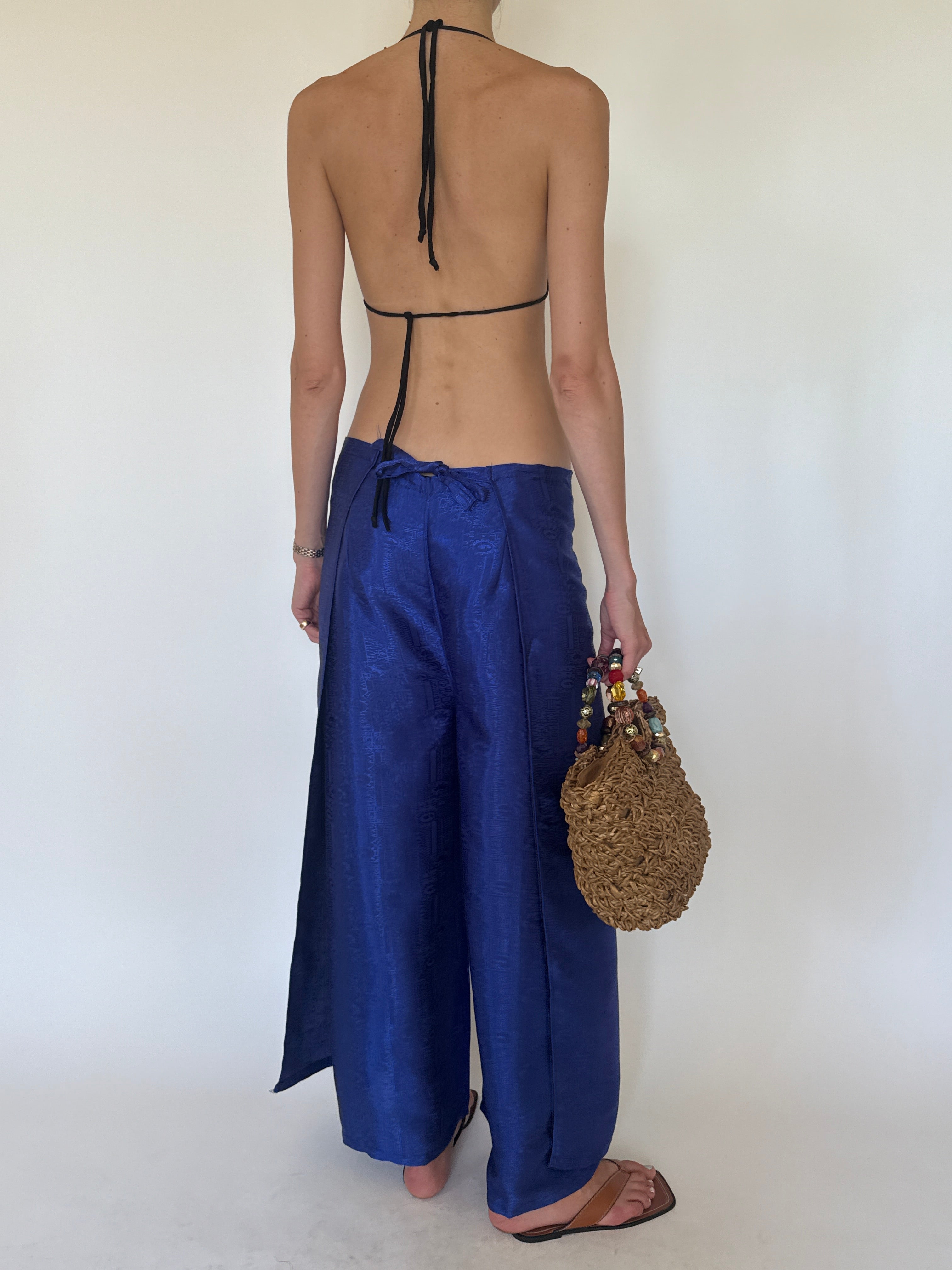 Vintage cobalt blue jacquard wide-leg trousers back view