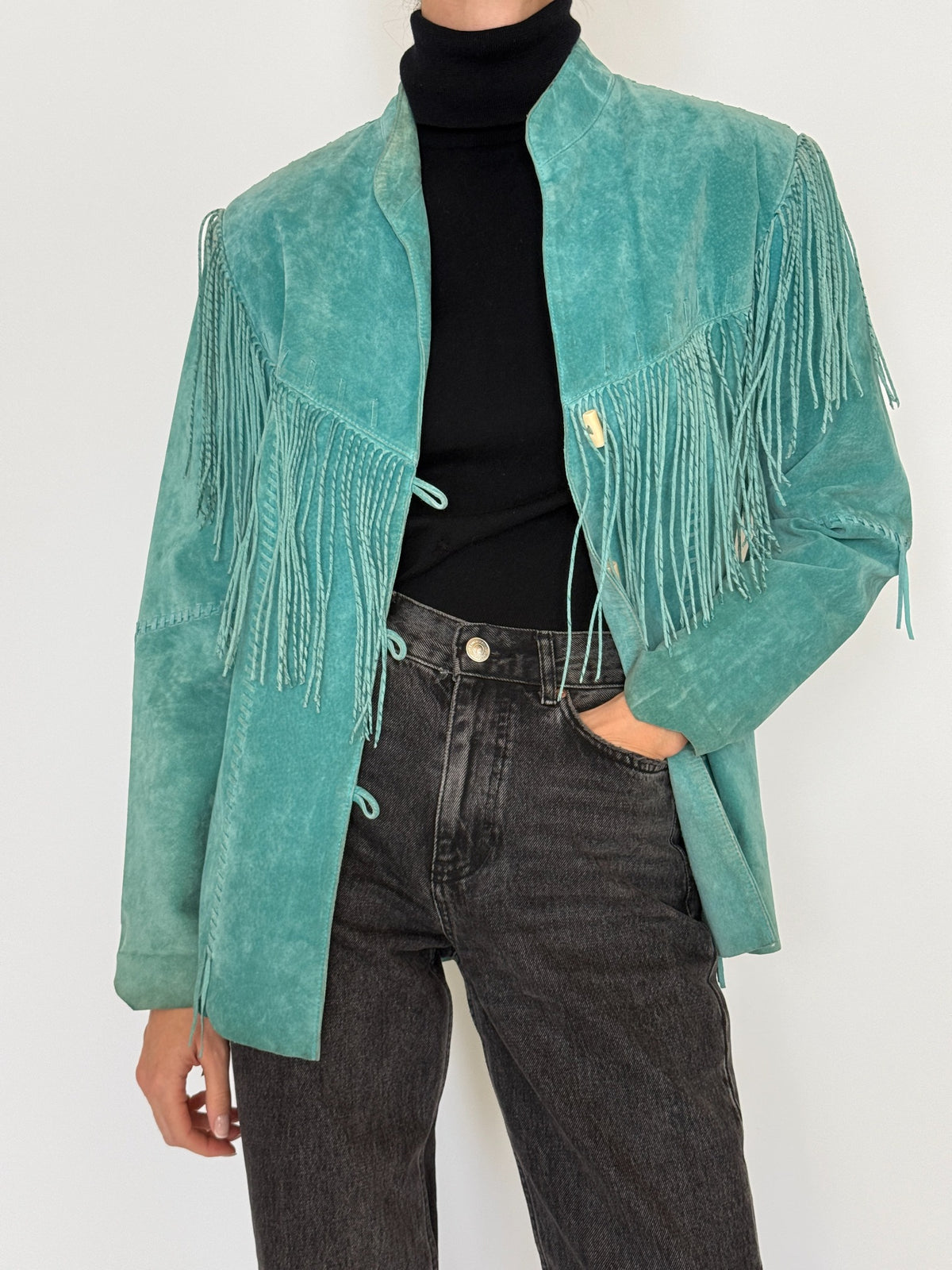 Vintage washed teal western-inspired fringe jacket