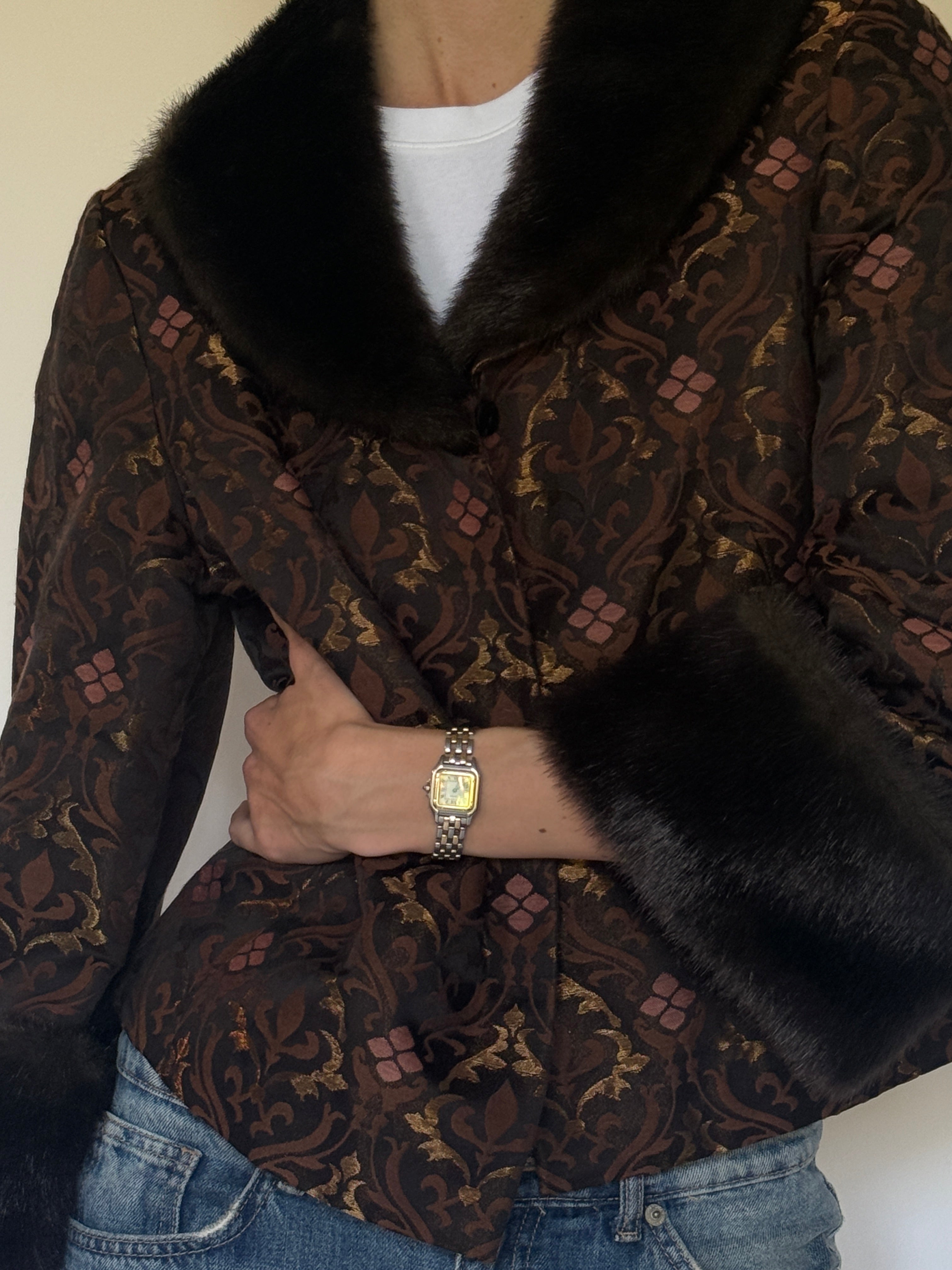 Vintage brown brocade fur trim jacket front view