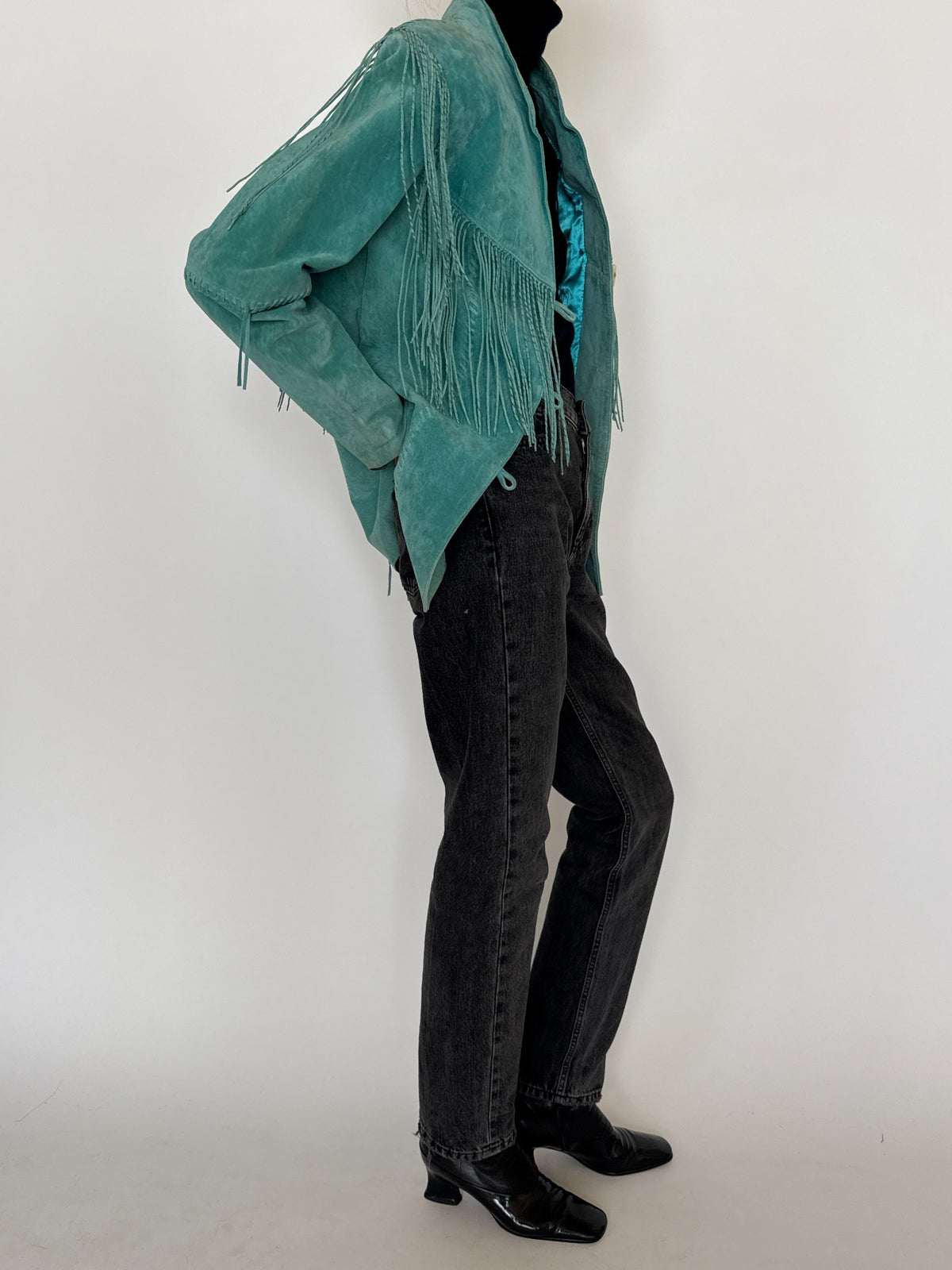 Vintage washed teal western-inspired fringe jacket
