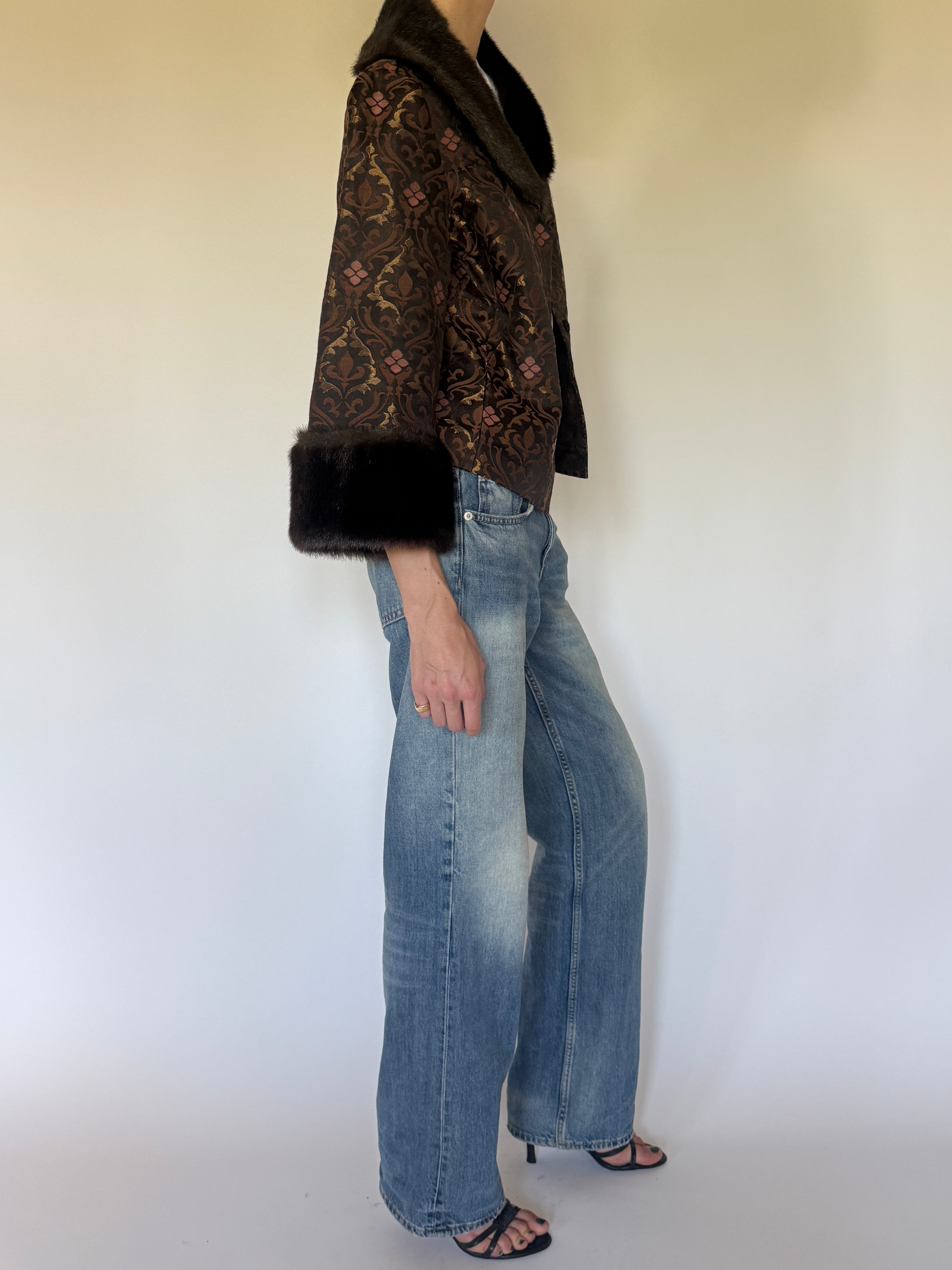 Vintage brown brocade fur trim jacket side view