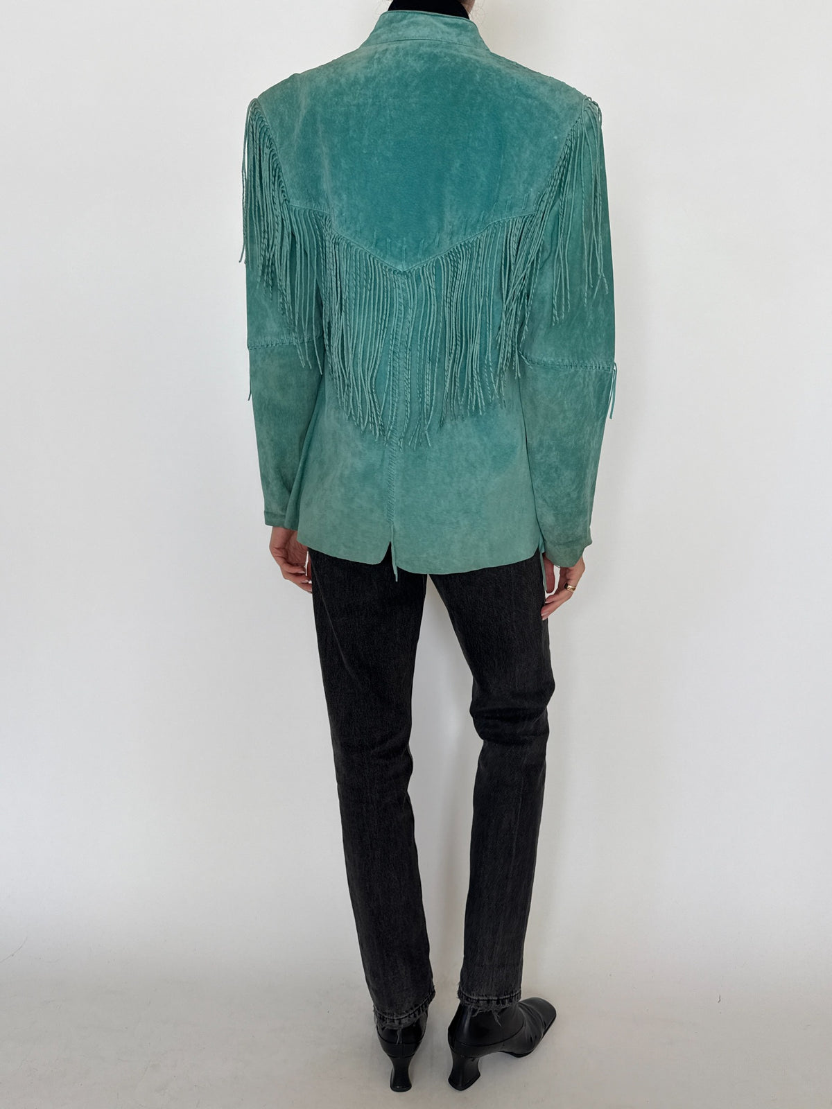 Vintage washed teal western-inspired fringe jacket