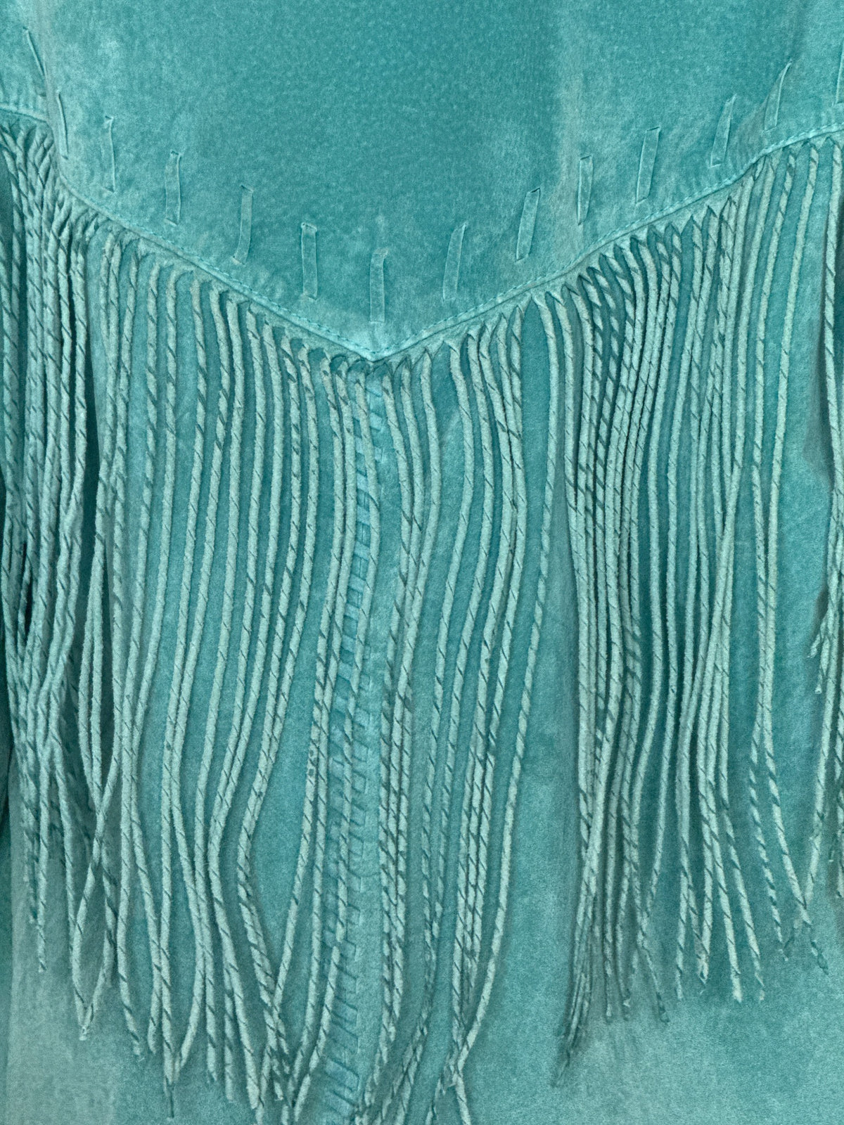 Vintage washed teal western-inspired fringe jacket