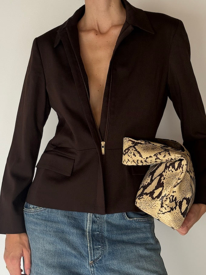 Vintage Wool-Blend Zip-Up Blazer Brown 6680