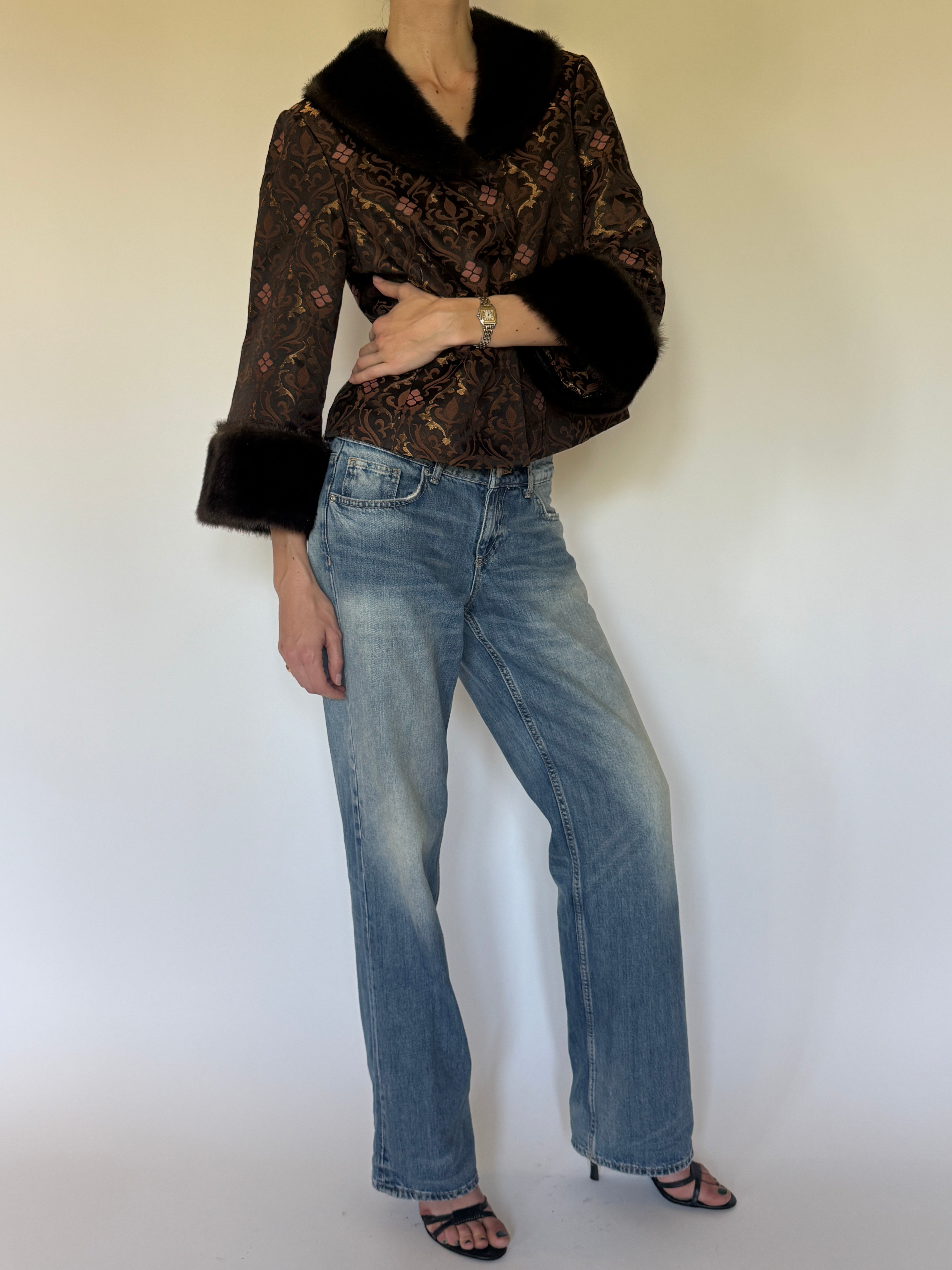 Vintage brown brocade fur trim jacket side view