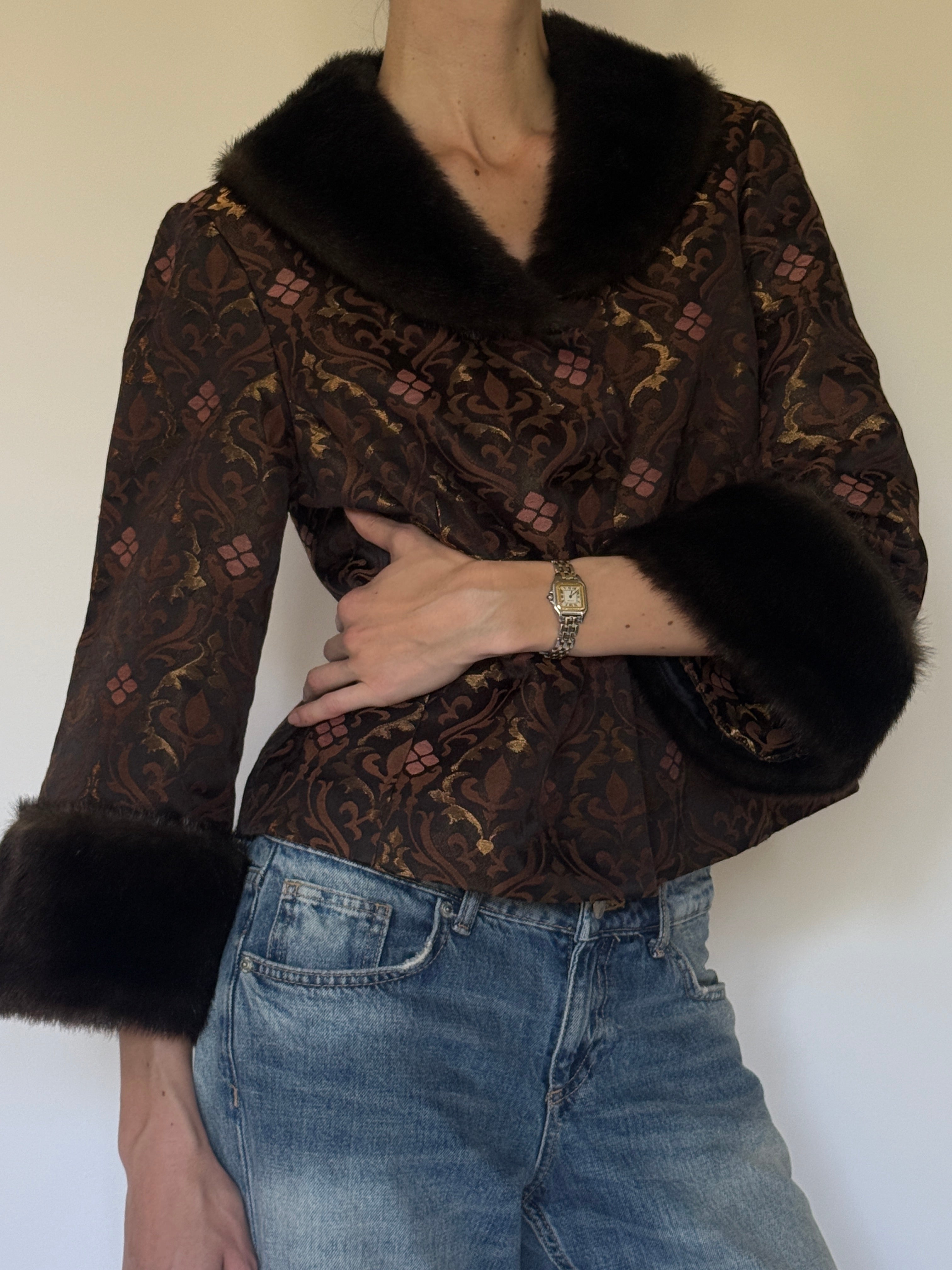 Vintage brown brocade fur trim jacket front view