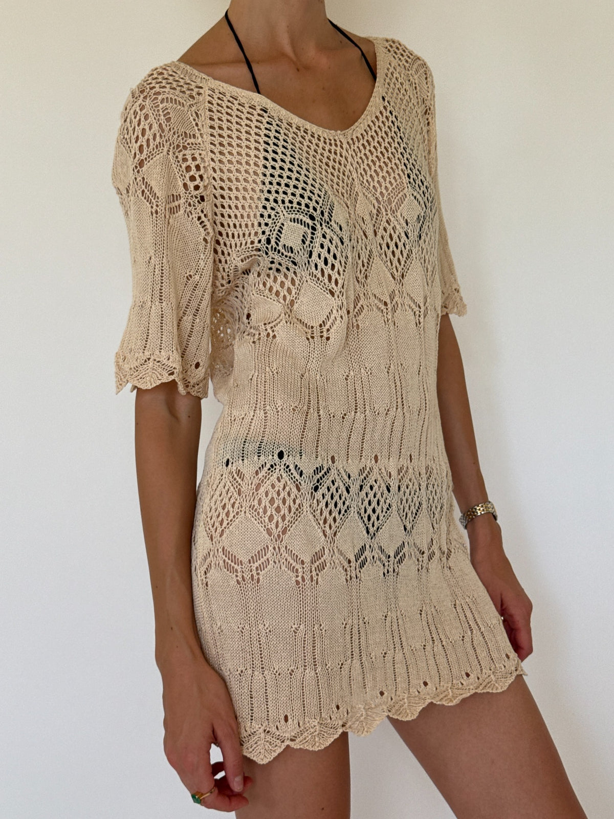Vintage crochet swim cover-up cream side view