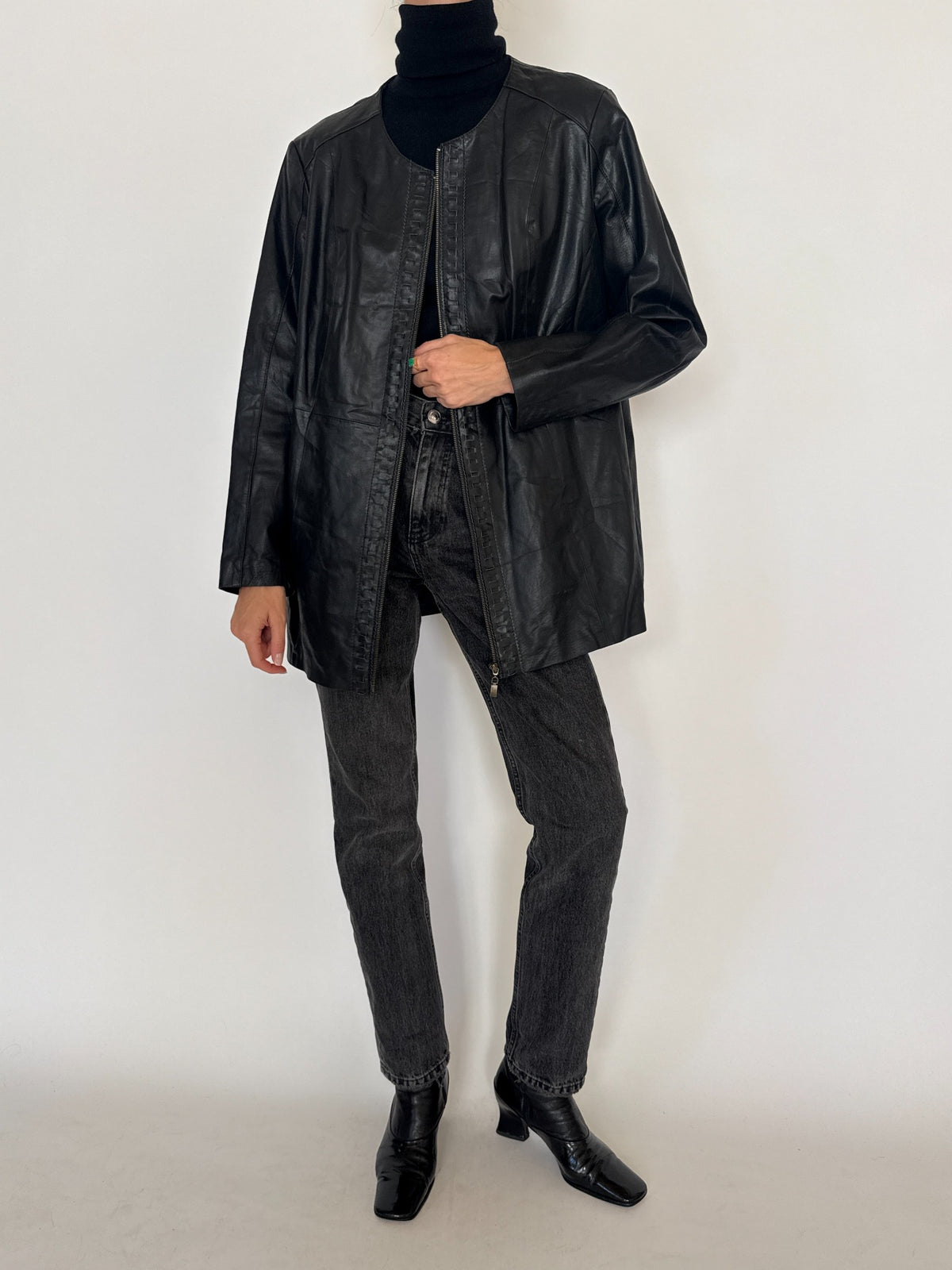 Vintage black leather longline jacket