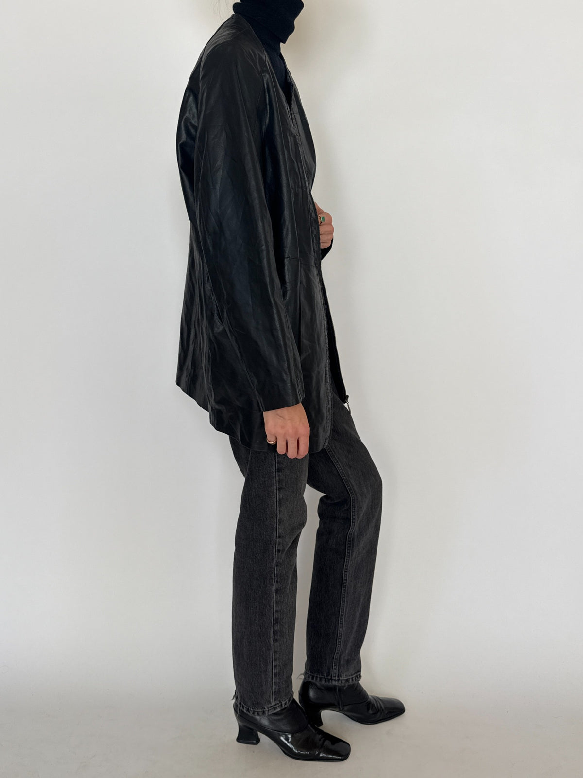 Vintage black leather longline jacket