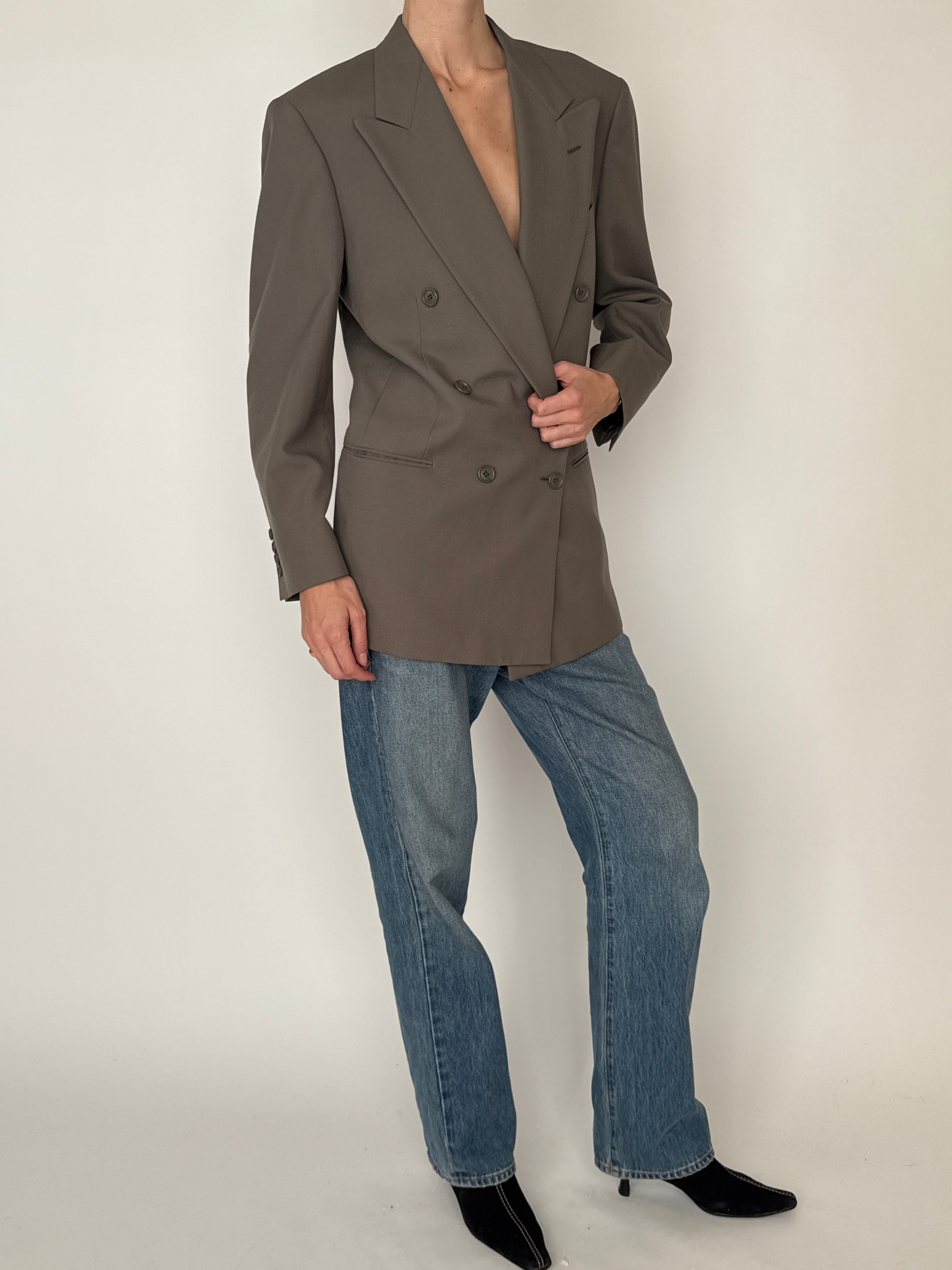 Vintage taupe double-breasted oversized blazer front view