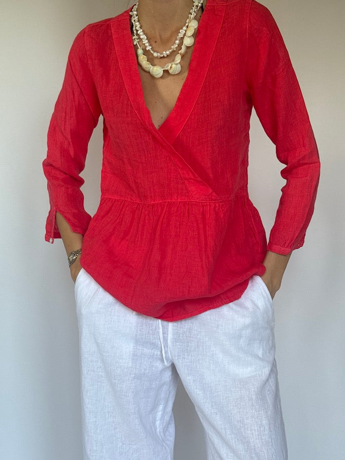 Vintage linen top coral 6372