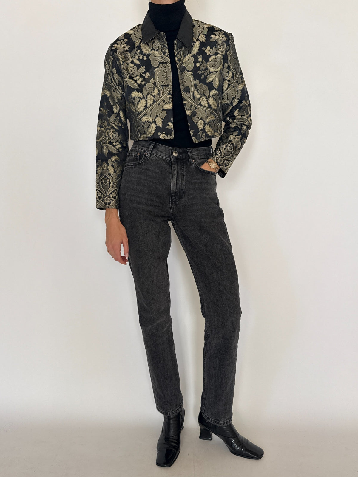 Vintage cropped black and gold floral brocade jacket