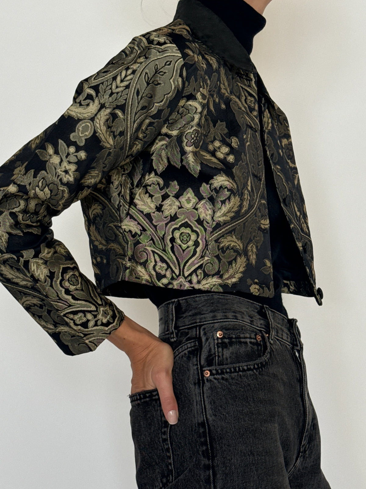 Vintage cropped black and gold floral brocade jacket