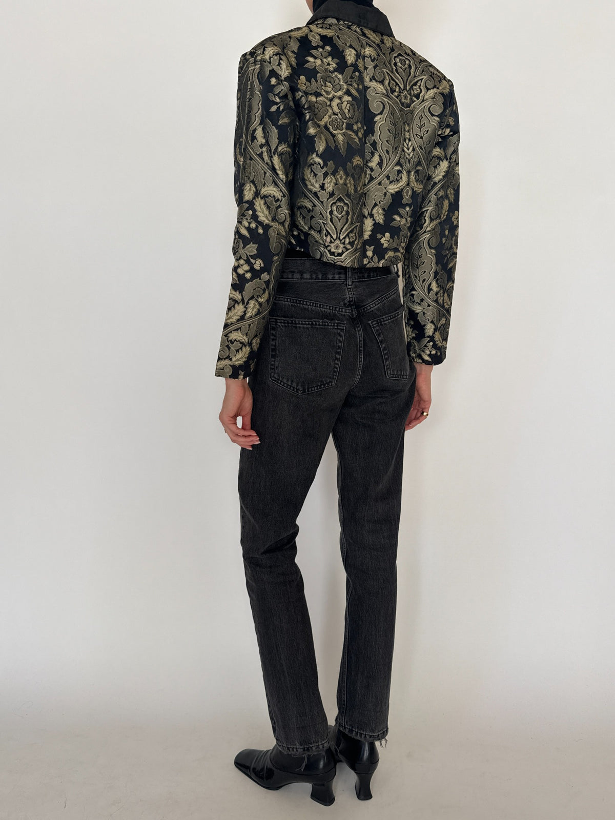 Vintage cropped black and gold floral brocade jacket