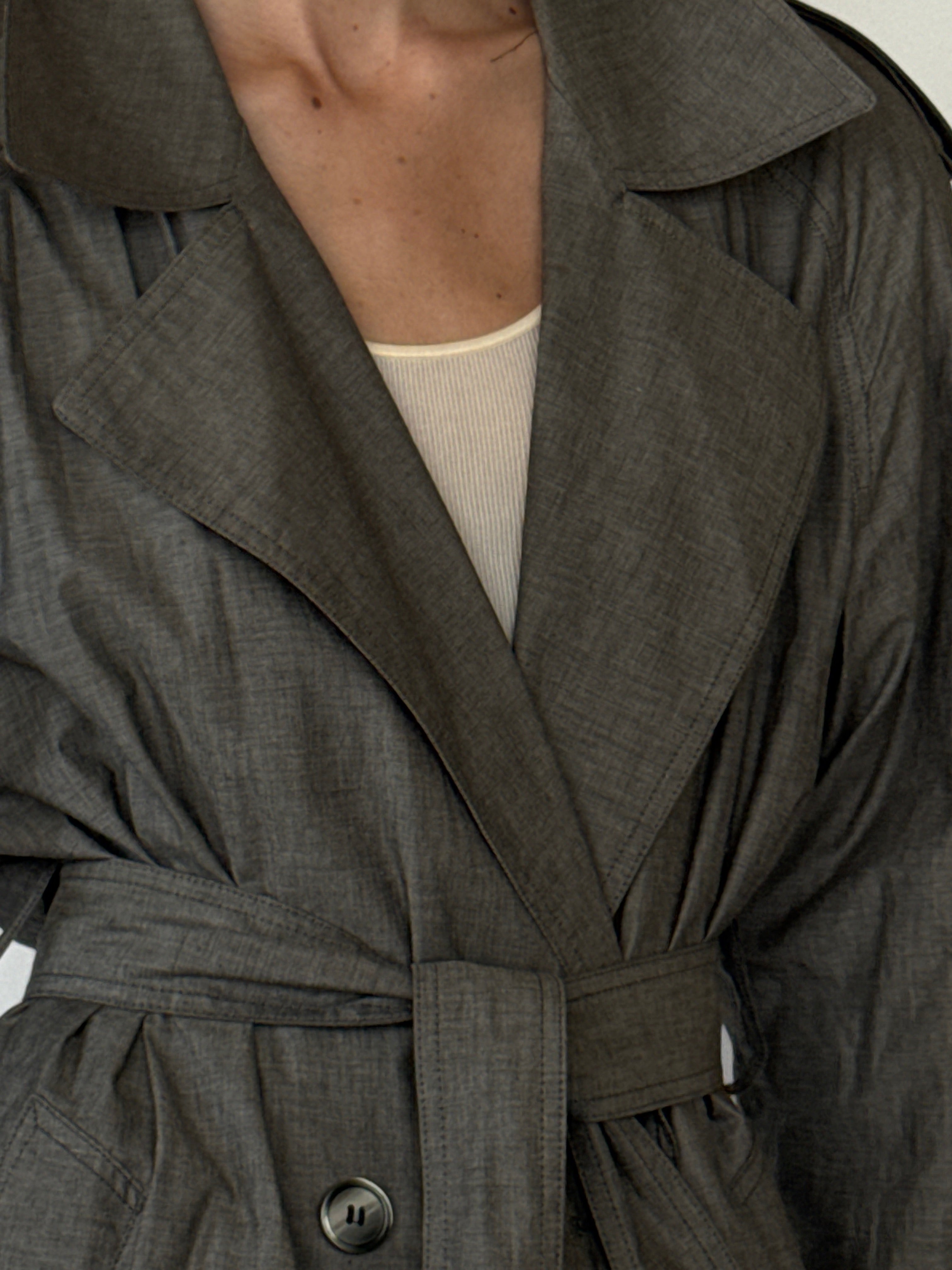 Vintage taupe gray trench coat belt detail