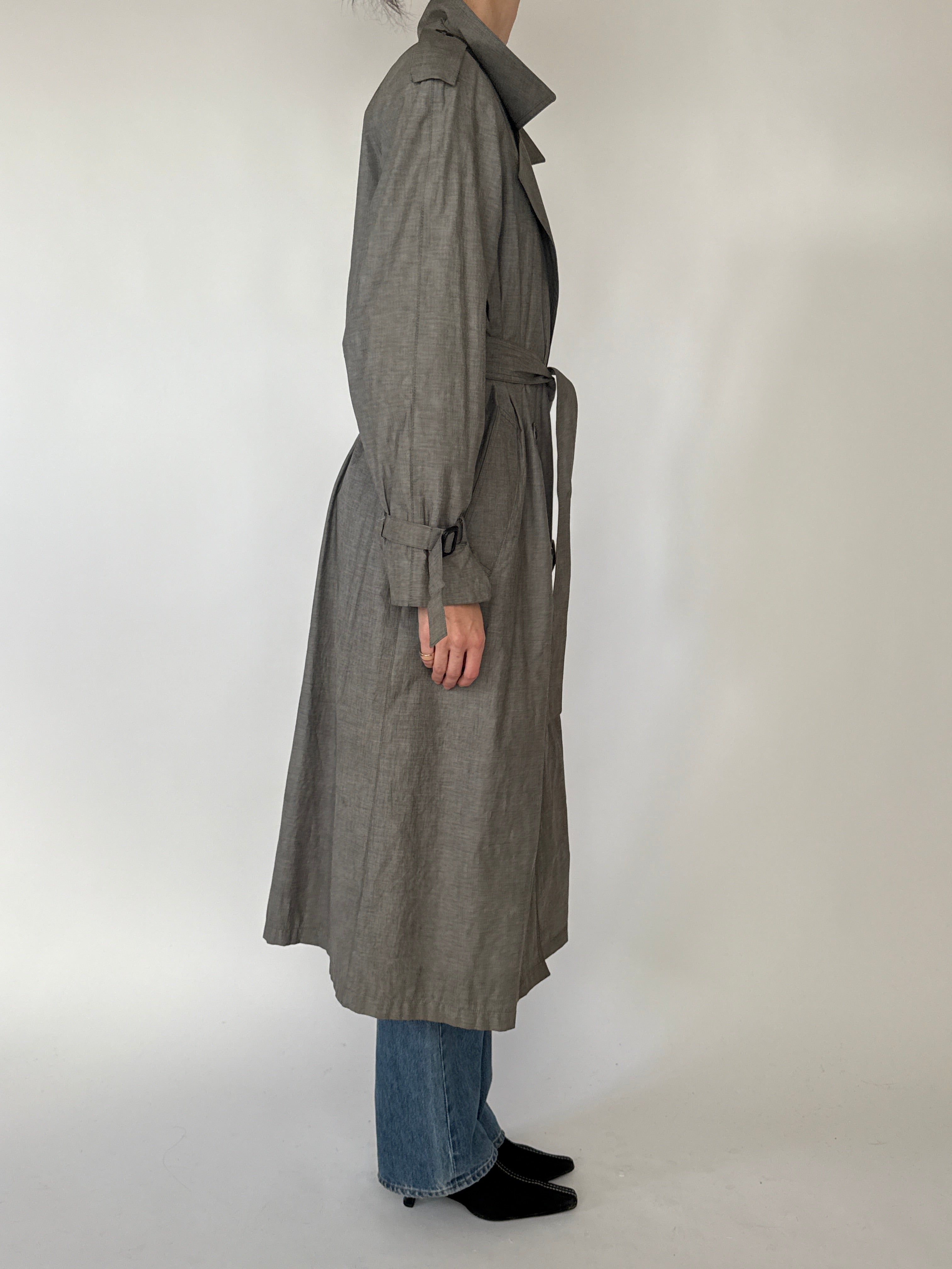 Vintage taupe gray trench coat side view