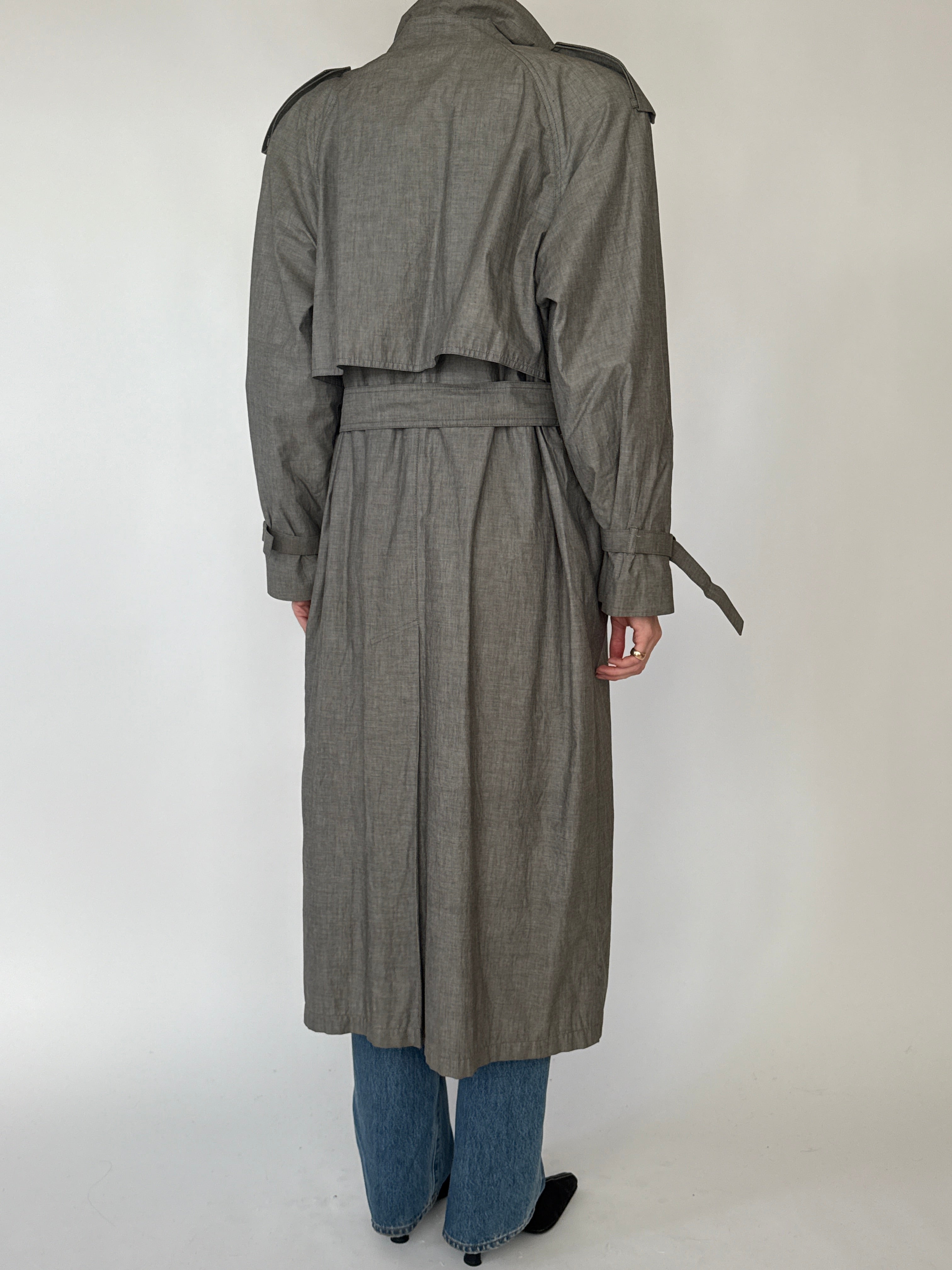 Vintage trench coat taupe gray back view