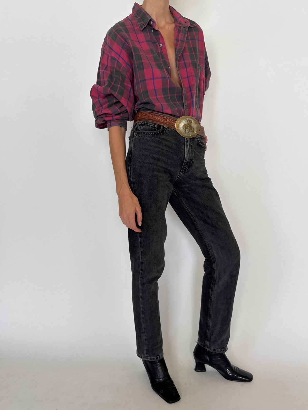 Vintage Burgundy Plaid 100% Cotton Flannel Shirt 8433