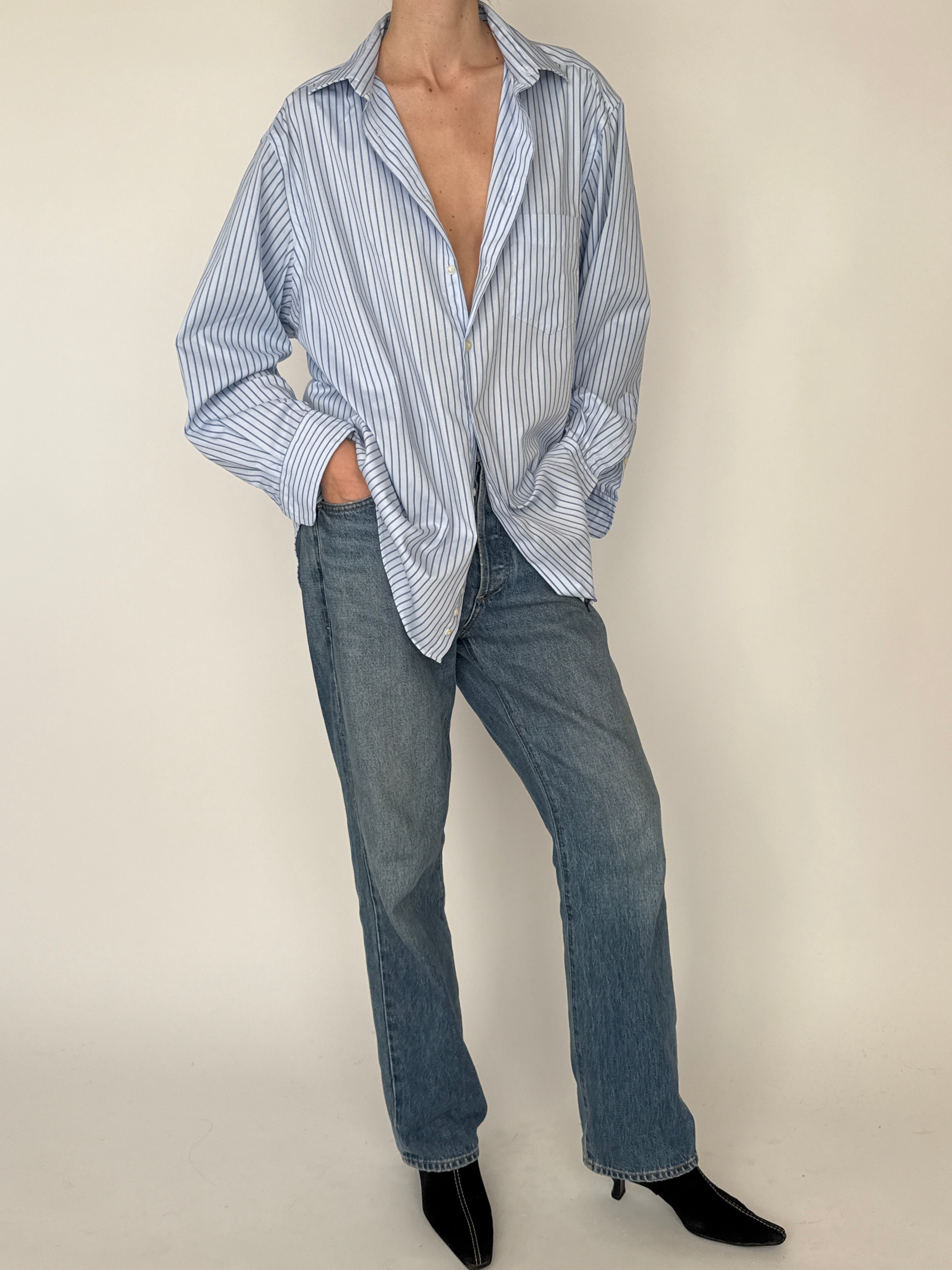Vintage blue striped oversized button up shirt stripe detail