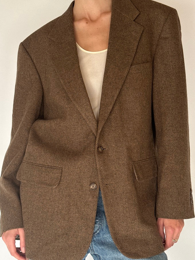 Vintage Herringbone Wool Blazer Brown