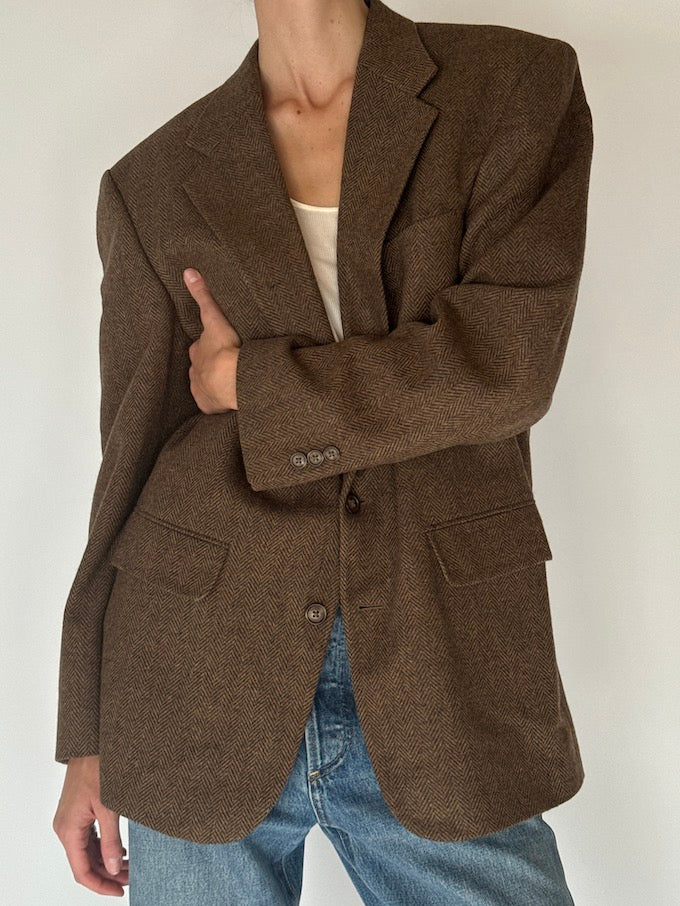 Vintage Herringbone Wool Blazer Brown